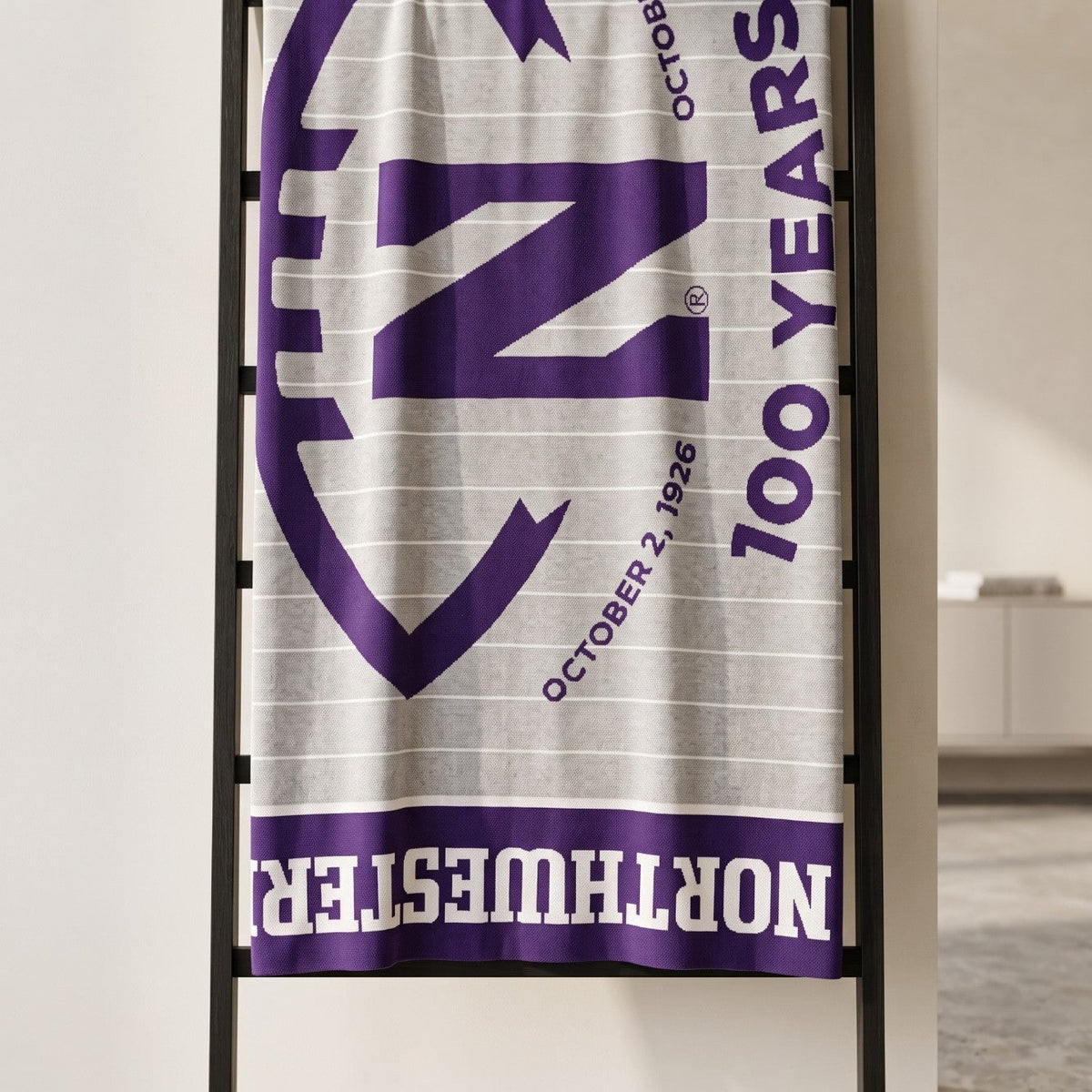 Northwestern University Centennial Gridiron Football 50 x 70 Throw in Light Grey and Purple with football field design, Gothic N, and 100 Years Ryan Field centennial graphic – SOUNDOFF HANGING