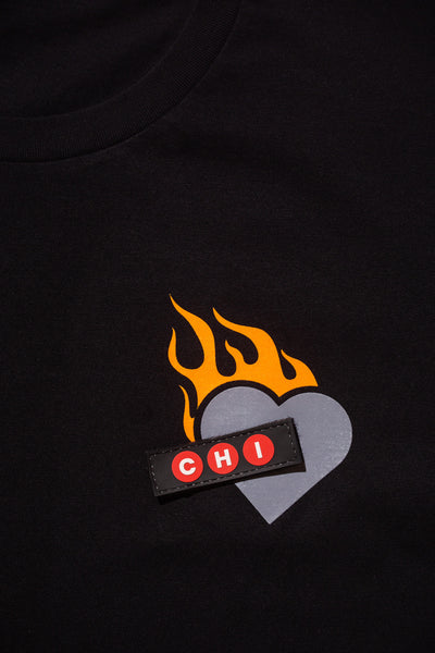 HEART ON FIRE ID PATCH CREW T-SHIRT; BLACK