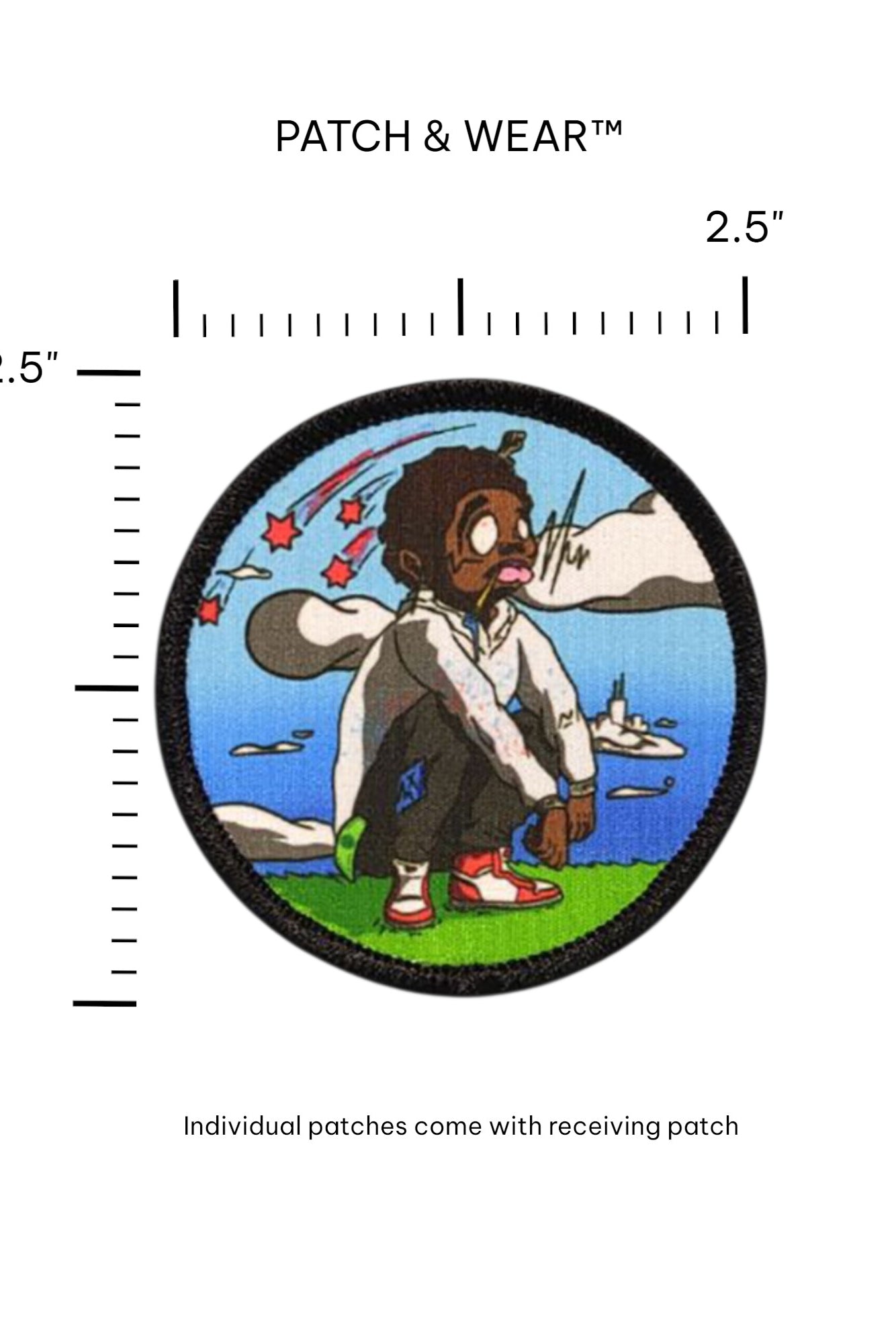 2.5-inch Dreamers sublimated patch by Anthony Bartley on a ruler grid for size reference.