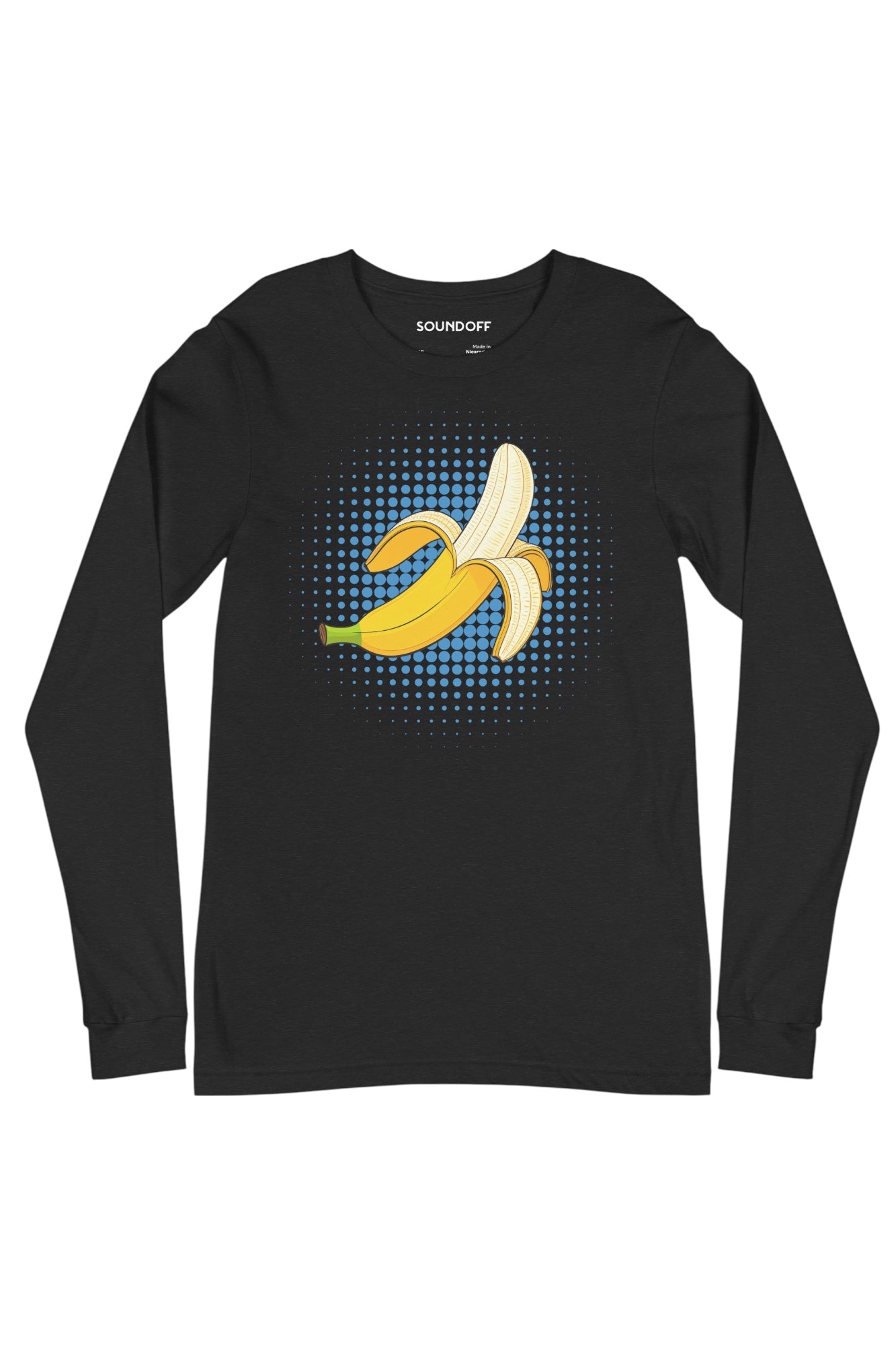 Front view of Banana Pop long sleeve t-shirt in black, banana pop art graphic on chest by SOUNDOFF