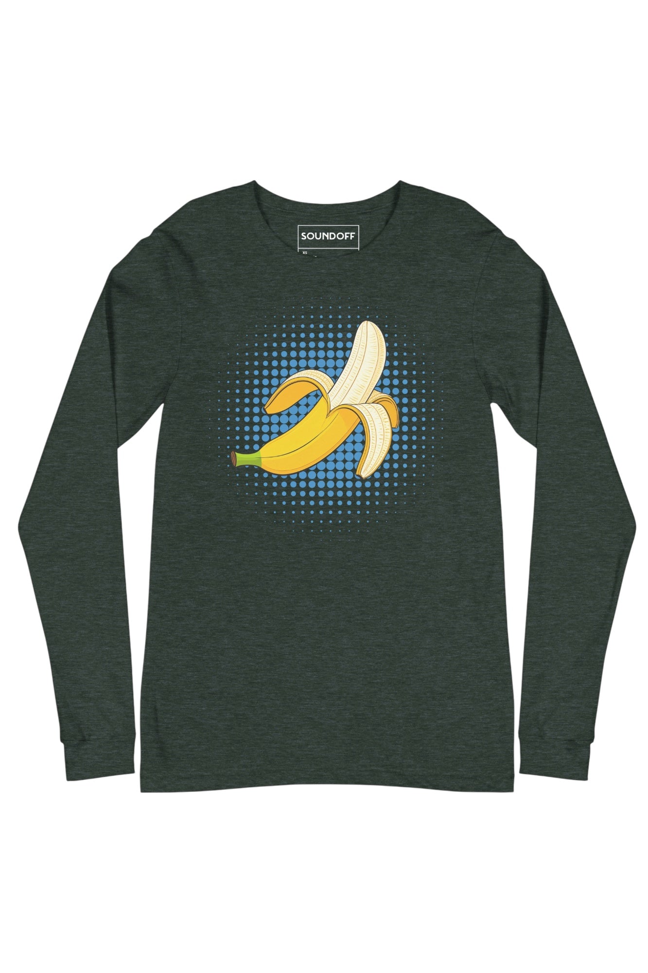 Front view of Banana Pop long sleeve t-shirt in green, banana pop art graphic on chest by SOUNDOFF