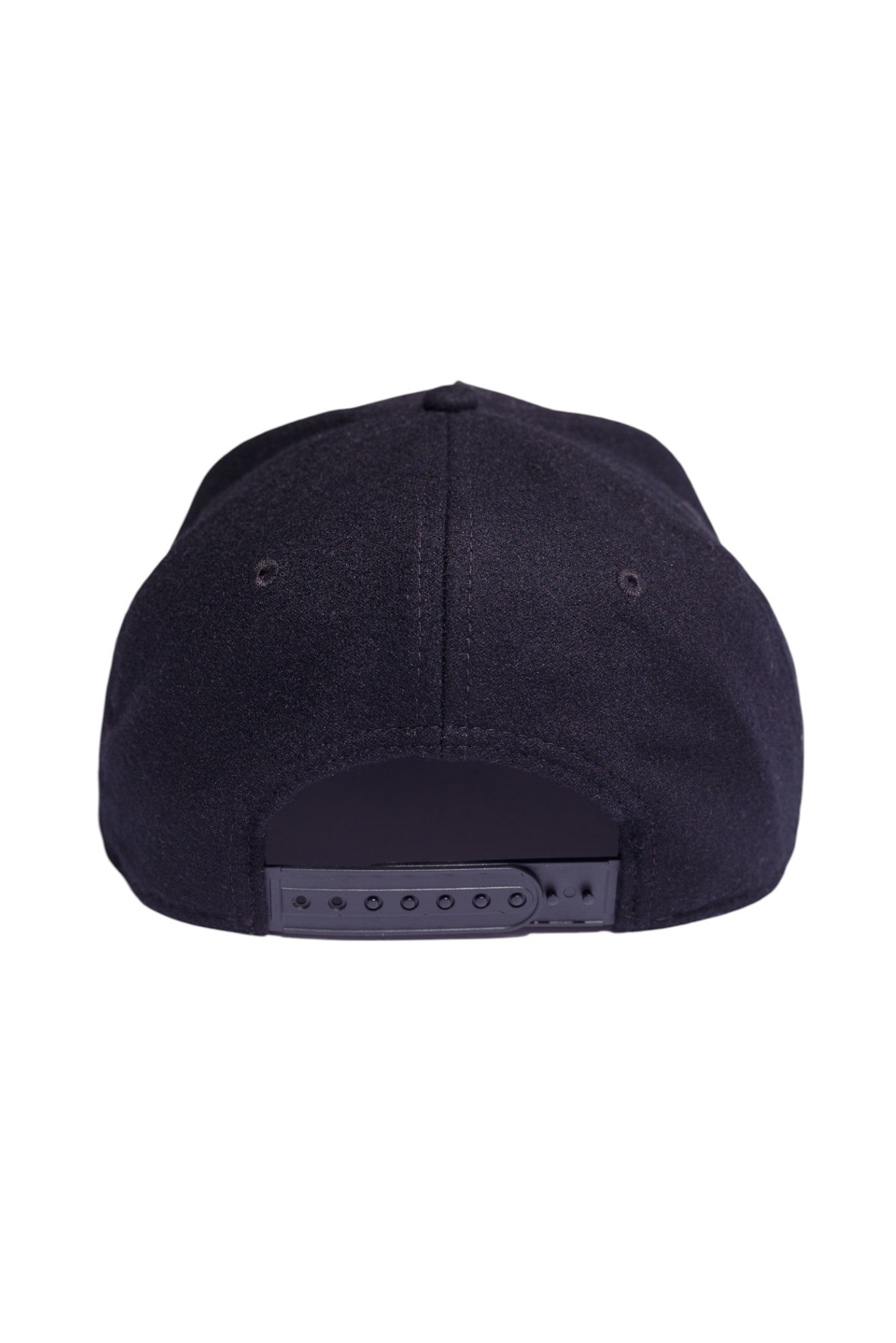 Back view of black five-panel snapback hat showing adjustable strap and closure.