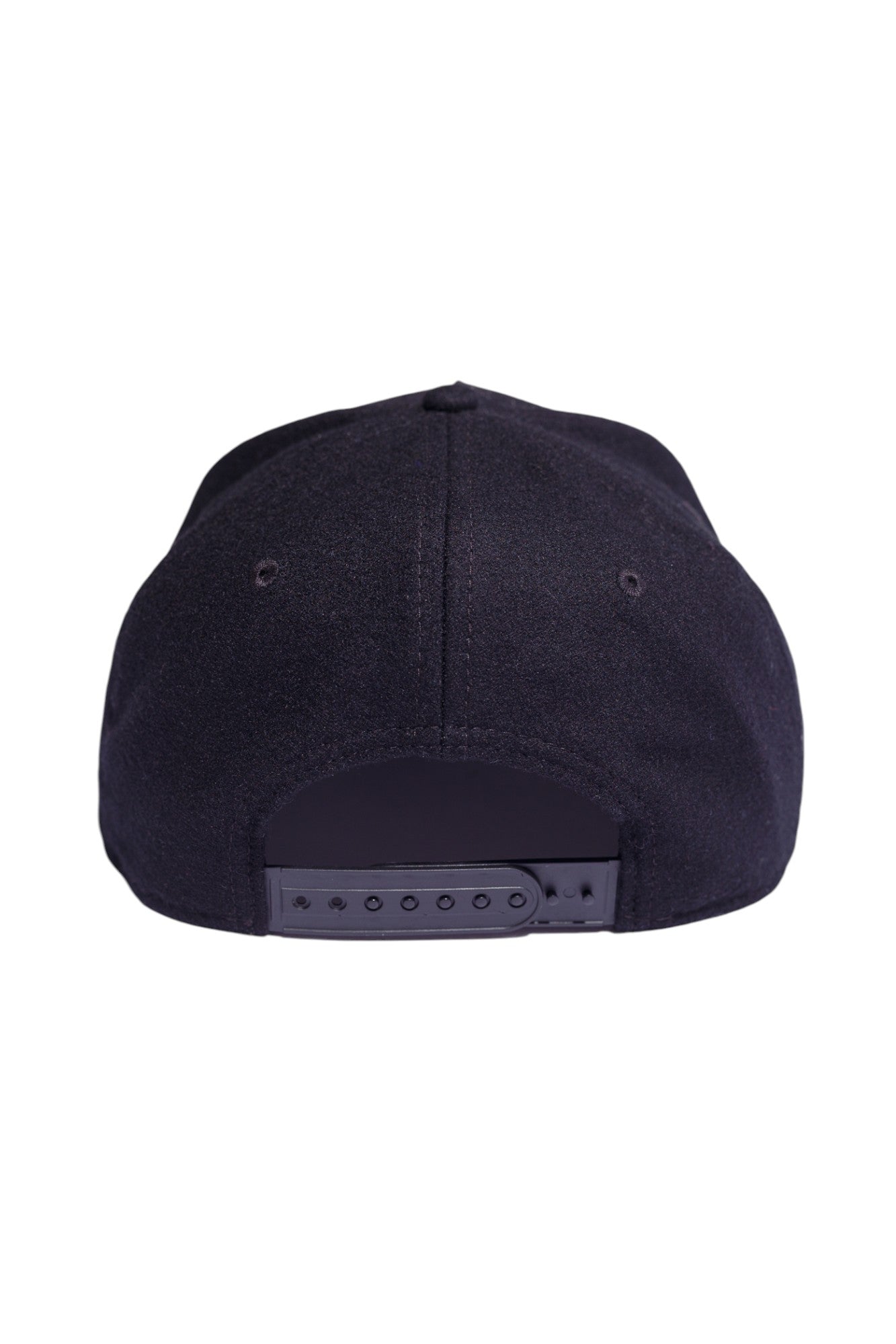 Back view of black five-panel snapback hat showing adjustable strap and closure.