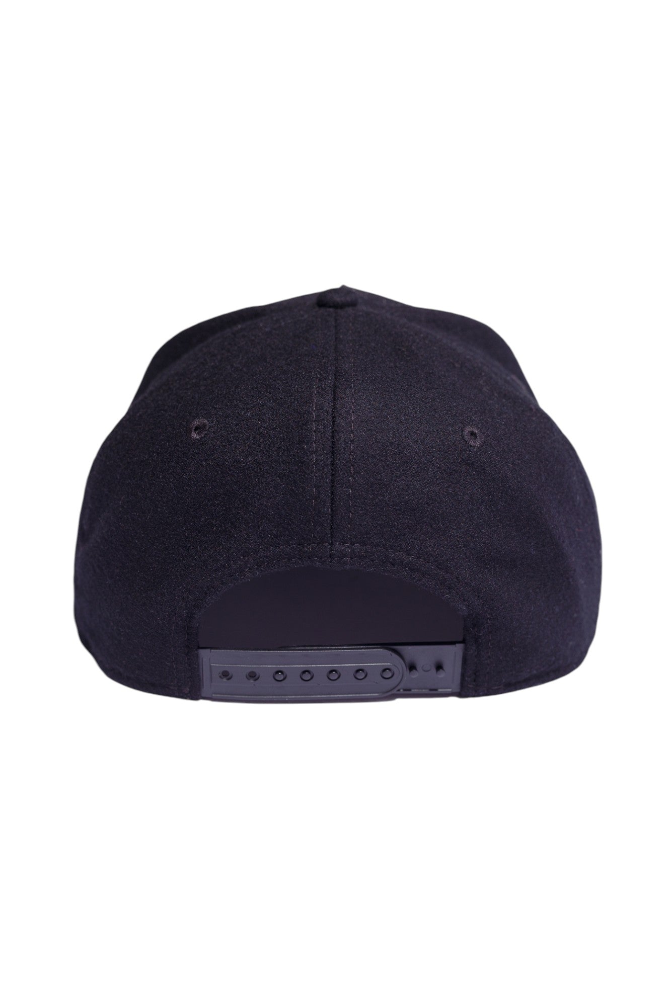 Back view of black five-panel snapback hat showing adjustable strap and closure.