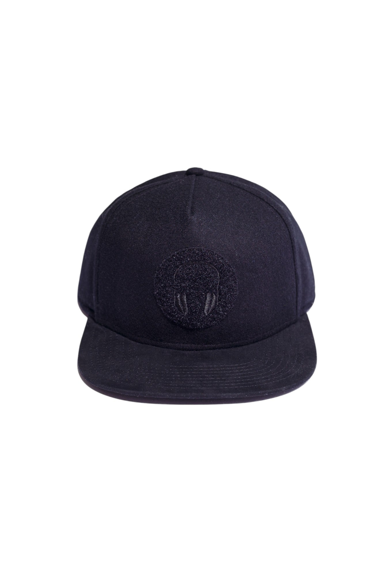 Black flannel and suede high-crown snapback hat with headphone embroidered receiving patch, front view.