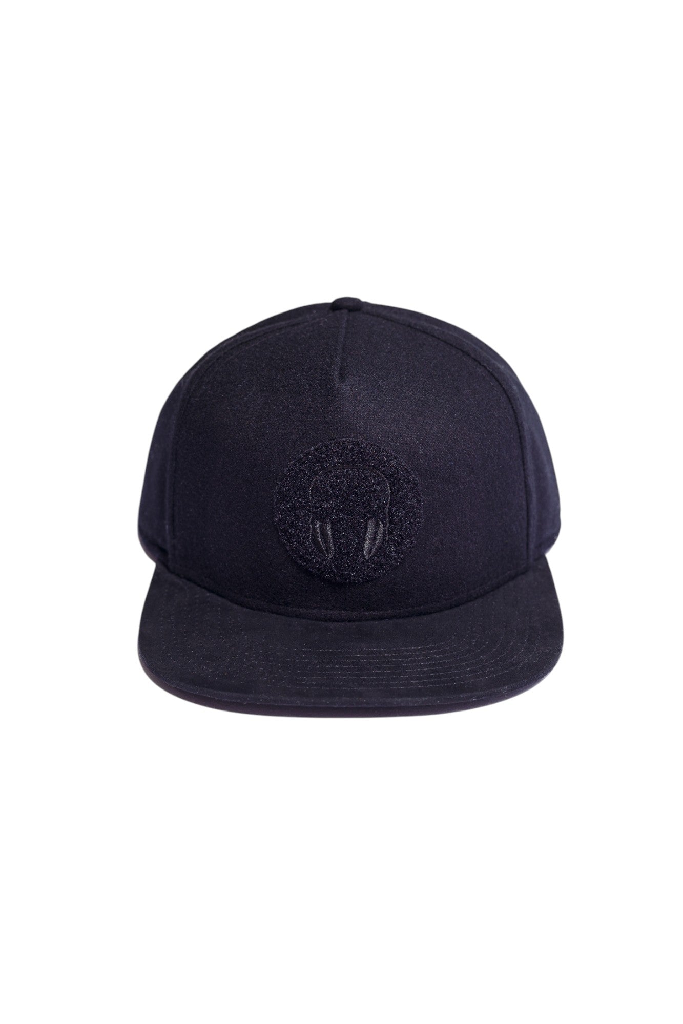 Black flannel and suede high-crown snapback hat with headphone embroidered receiving patch, front view.