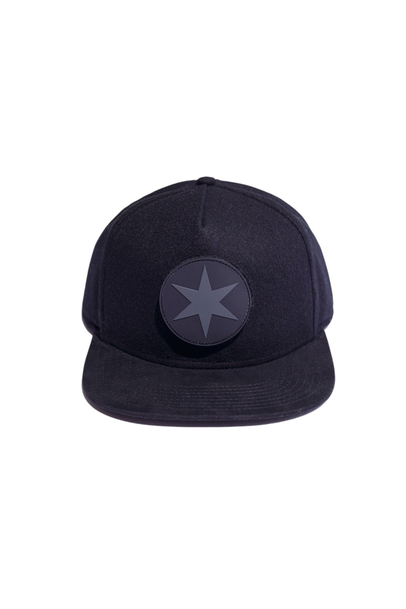 Black flannel and suede high-crown snapback hat with Chicago star pvc patch, front view.