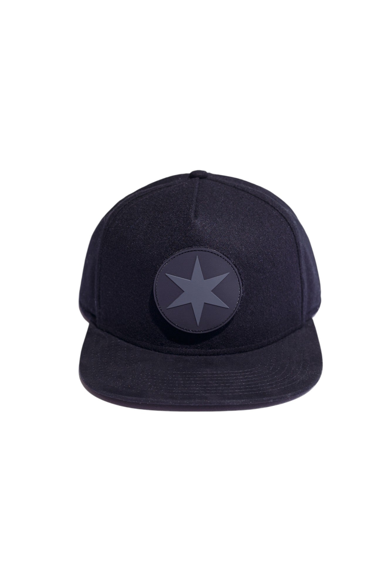 Black flannel and suede high-crown snapback hat with Chicago star pvc patch, front view.