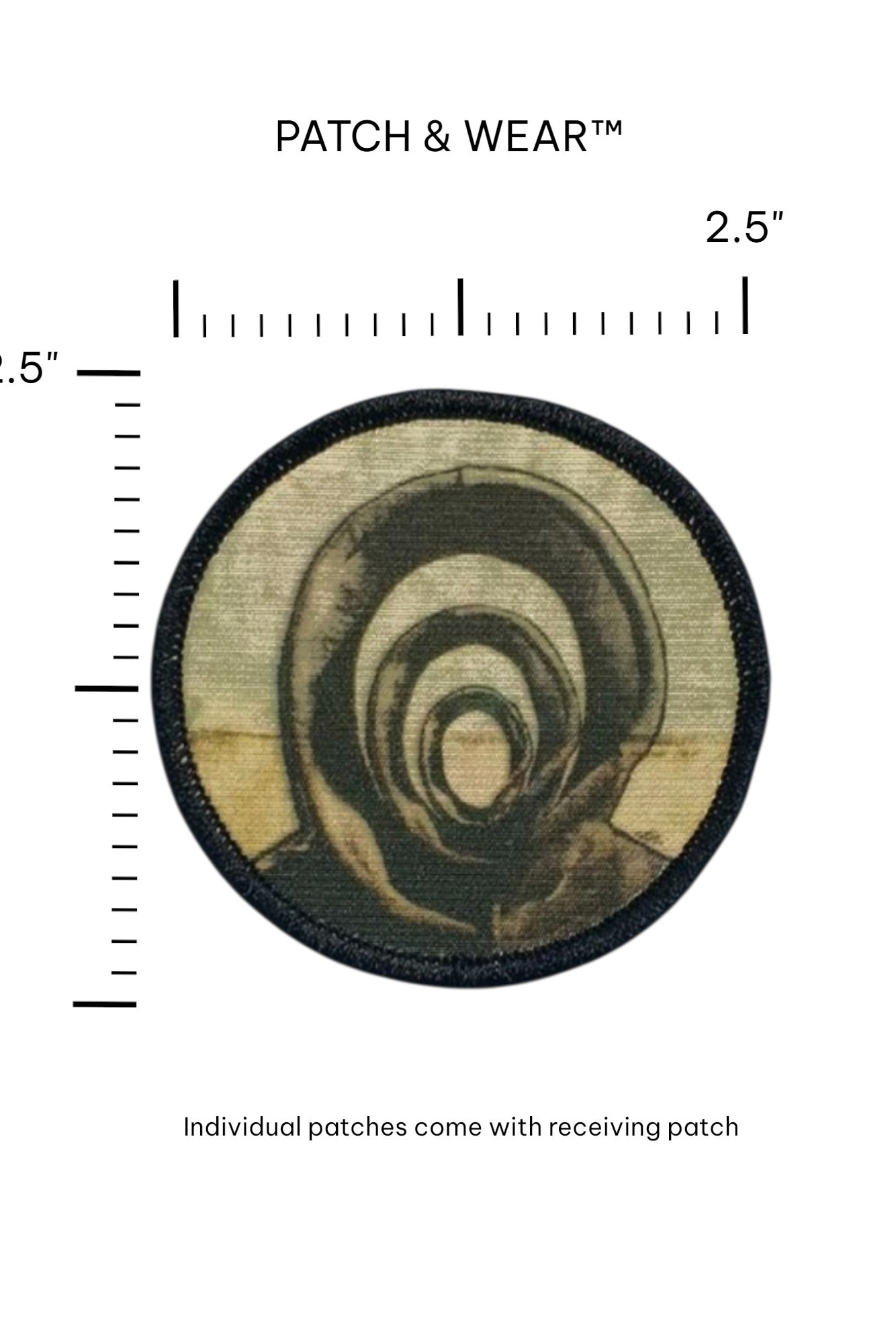 2.5-inch Those In-Between patch shown against a ruler grid; text reads "Individual patches come with receiving patch."