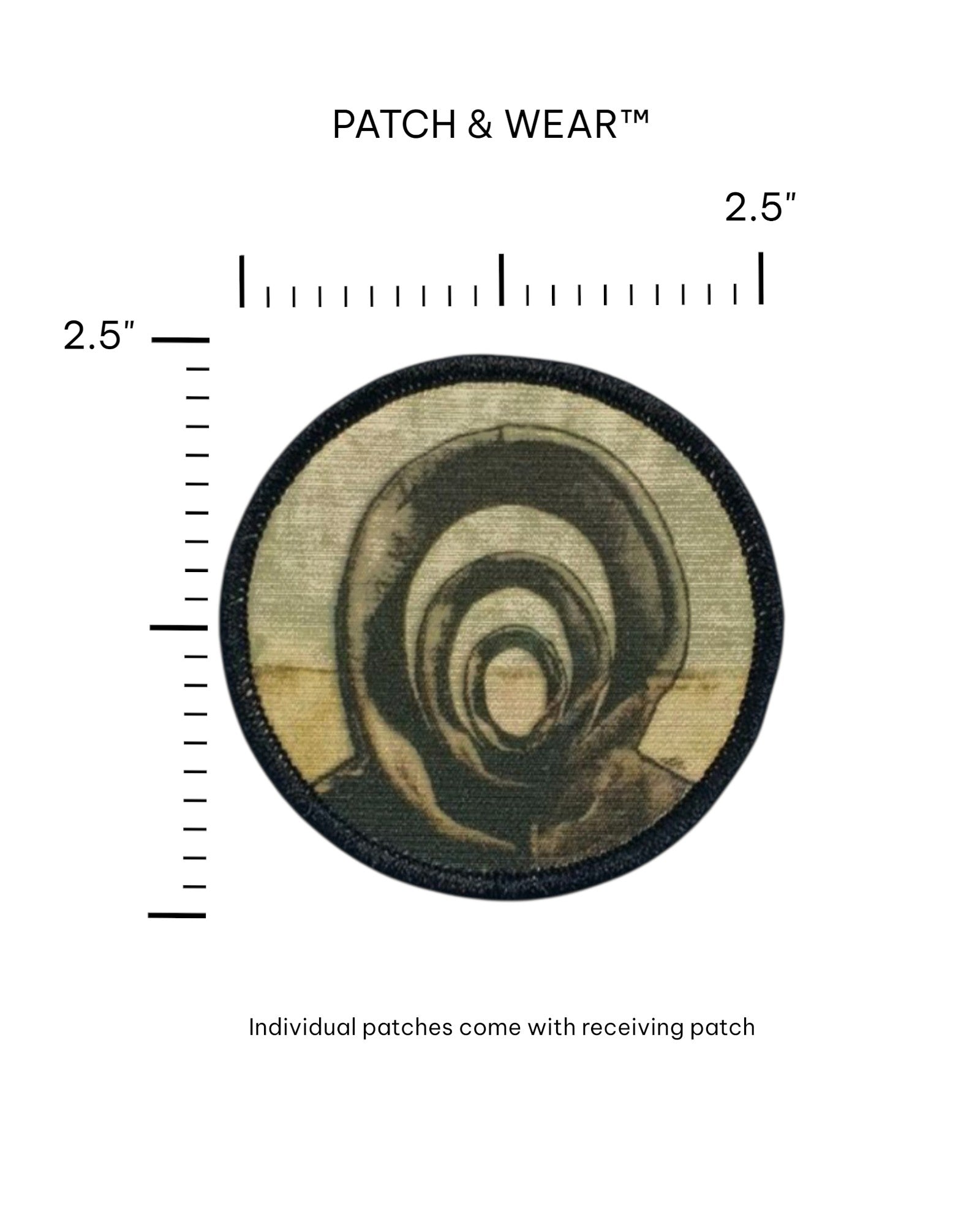 2.5-inch Those In-Between patch shown against a ruler grid; text reads "Individual patches come with receiving patch."