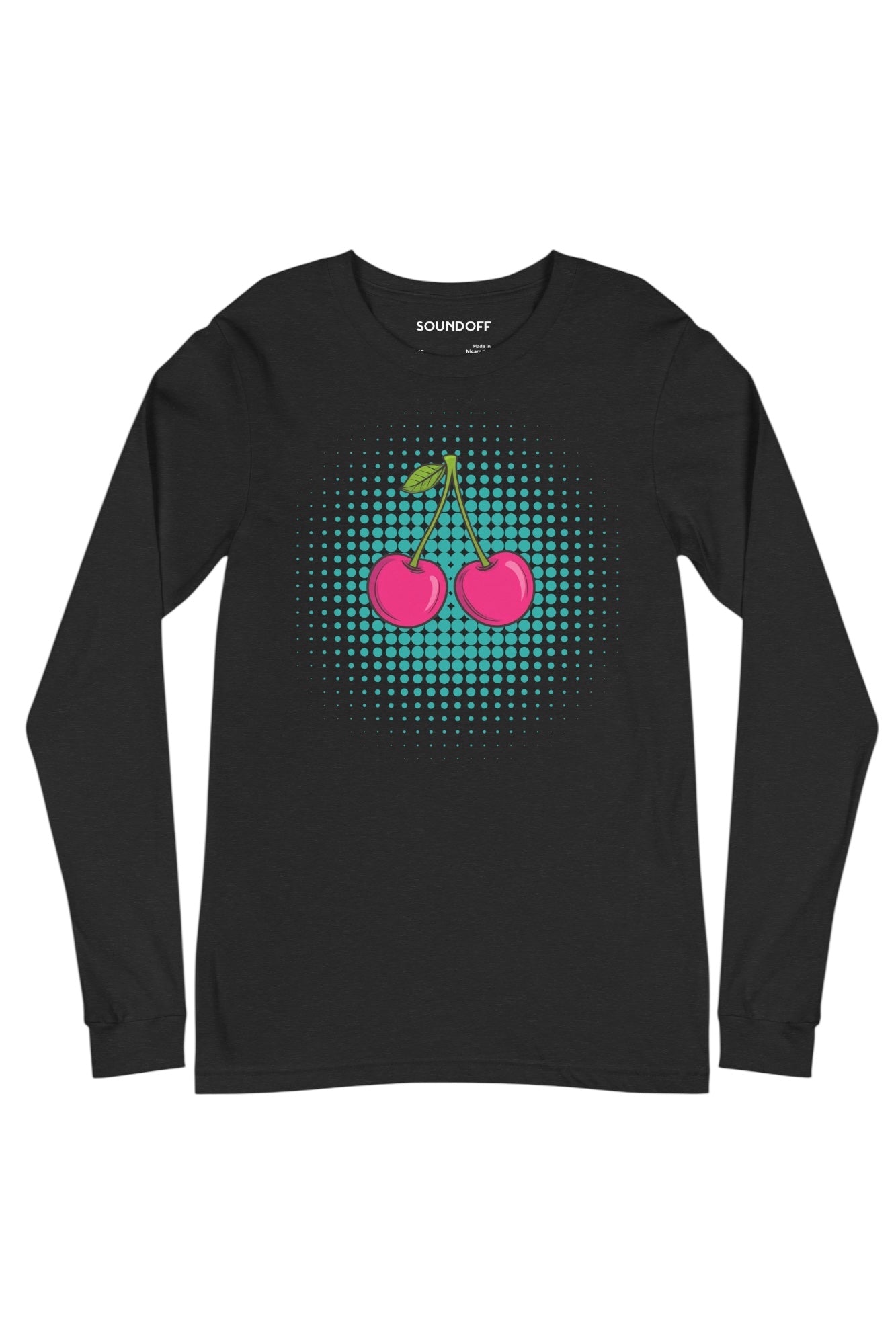 Front view of Cherry Pop long sleeve t-shirt in black, cherry pop art graphic on chest by SOUNDOFF