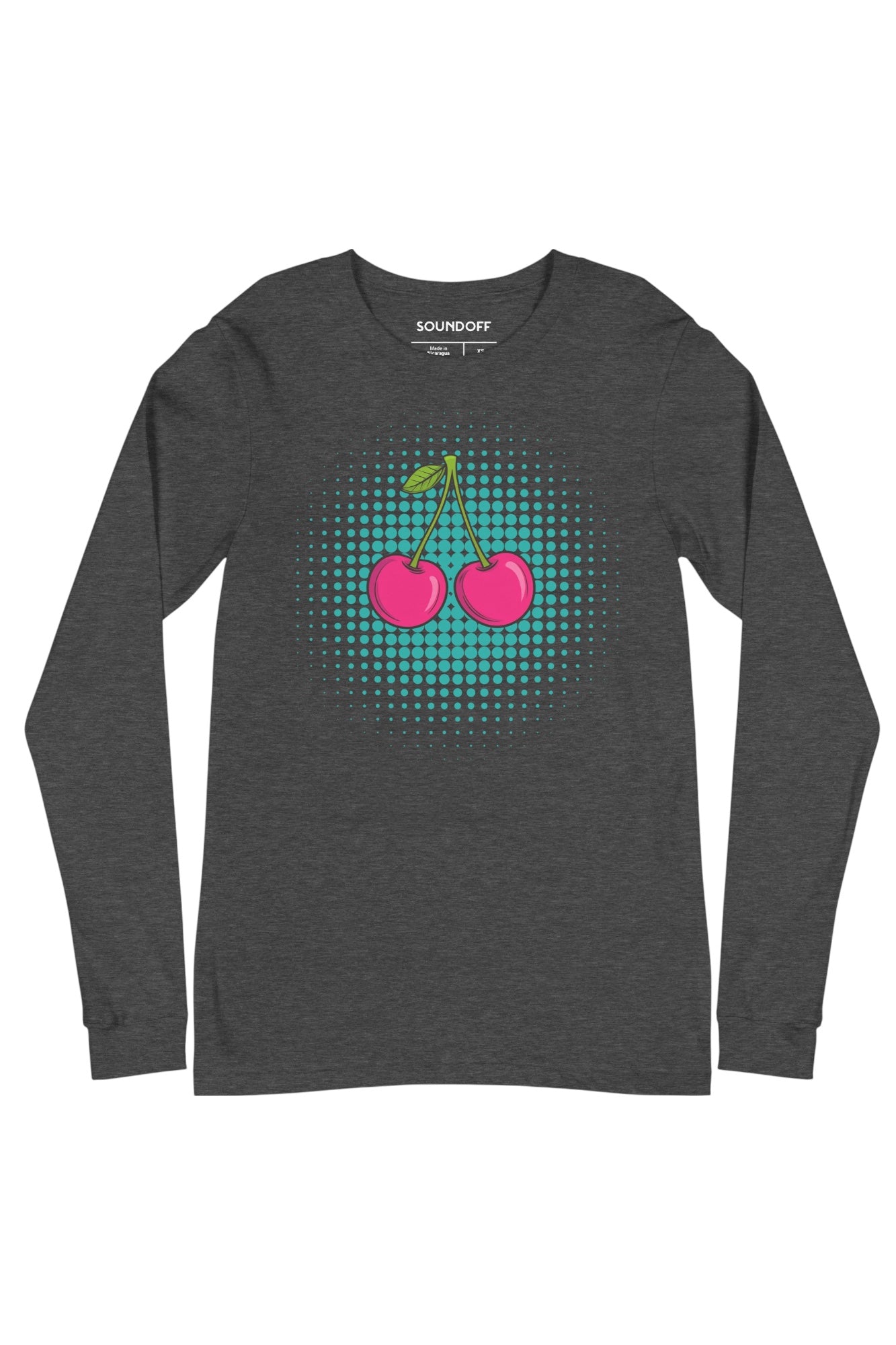 Front view of Cherry Pop long sleeve t-shirt in grey, cherry pop art graphic on chest by SOUNDOFF