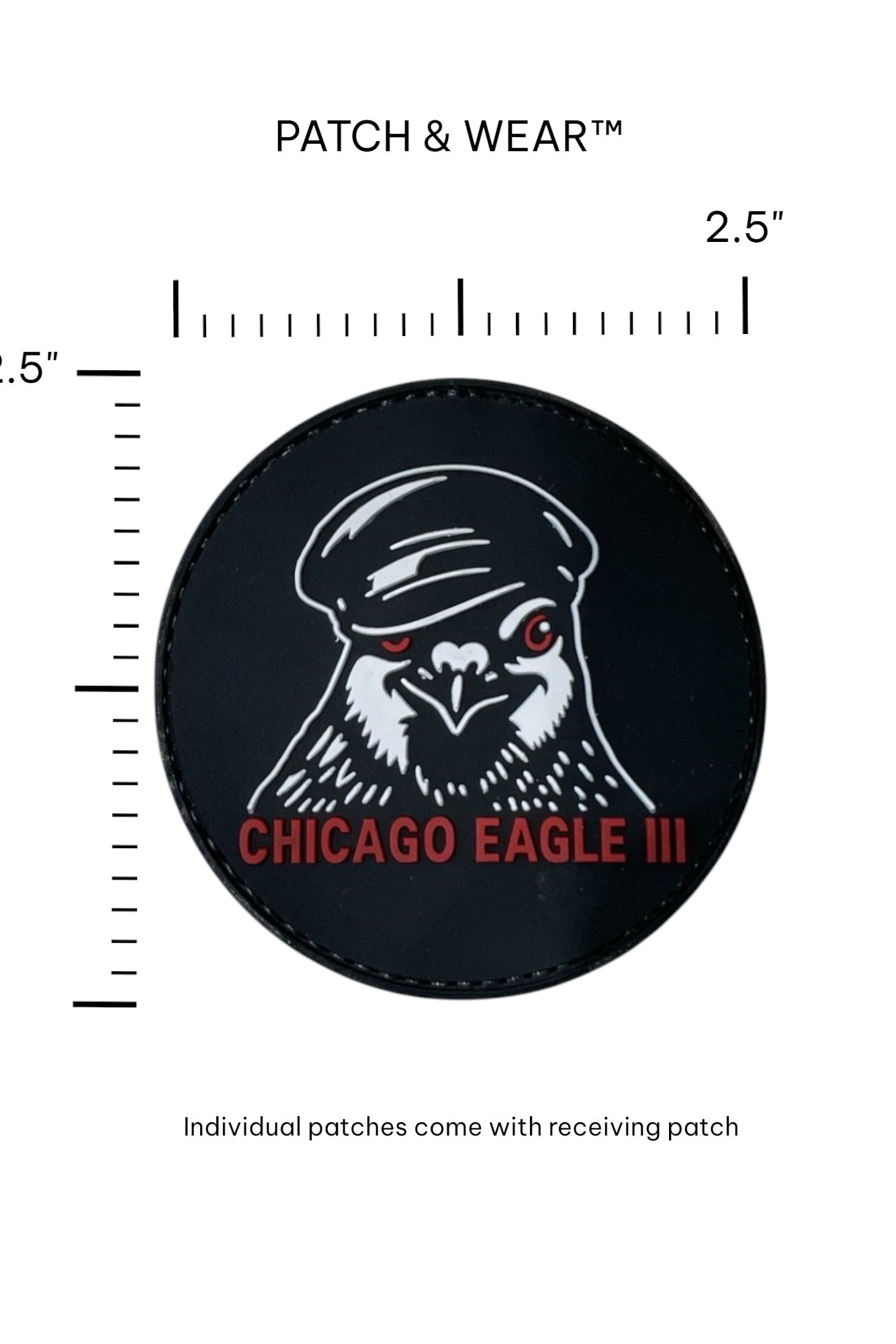 2.5-inch Chicago Eagle III PVC patch on a ruler grid; shows 3D depth and size.