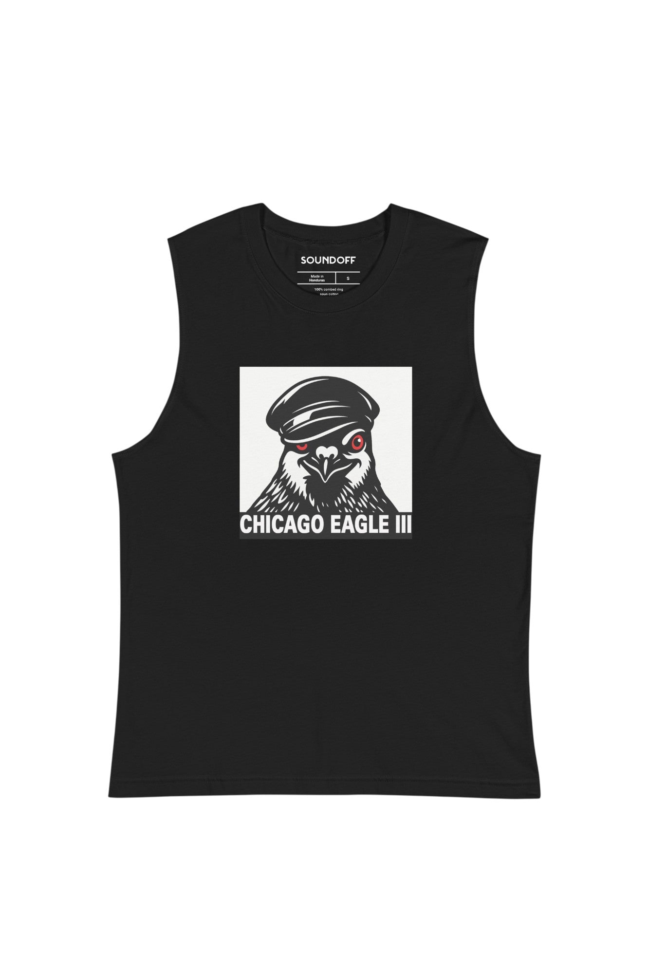 Black sleeveless t-shirt with a graphic of a pigeon wearing a leather cap on a white background and the text 'Chicago Eagle III' in stark white on black background.