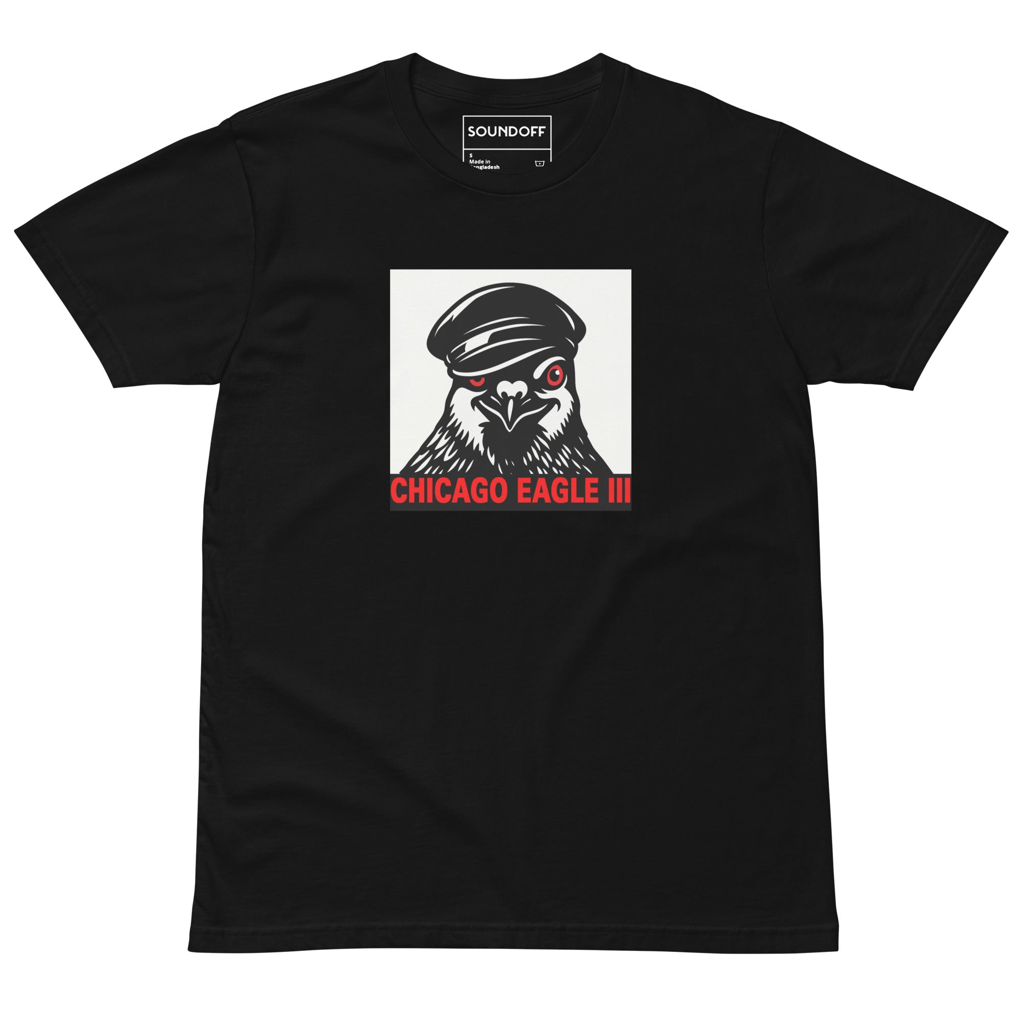 Black t-shirt with a graphic of a pigeon wearing a leather cap on a white background and the text 'Chicago Eagle III' in crimson red on black background.