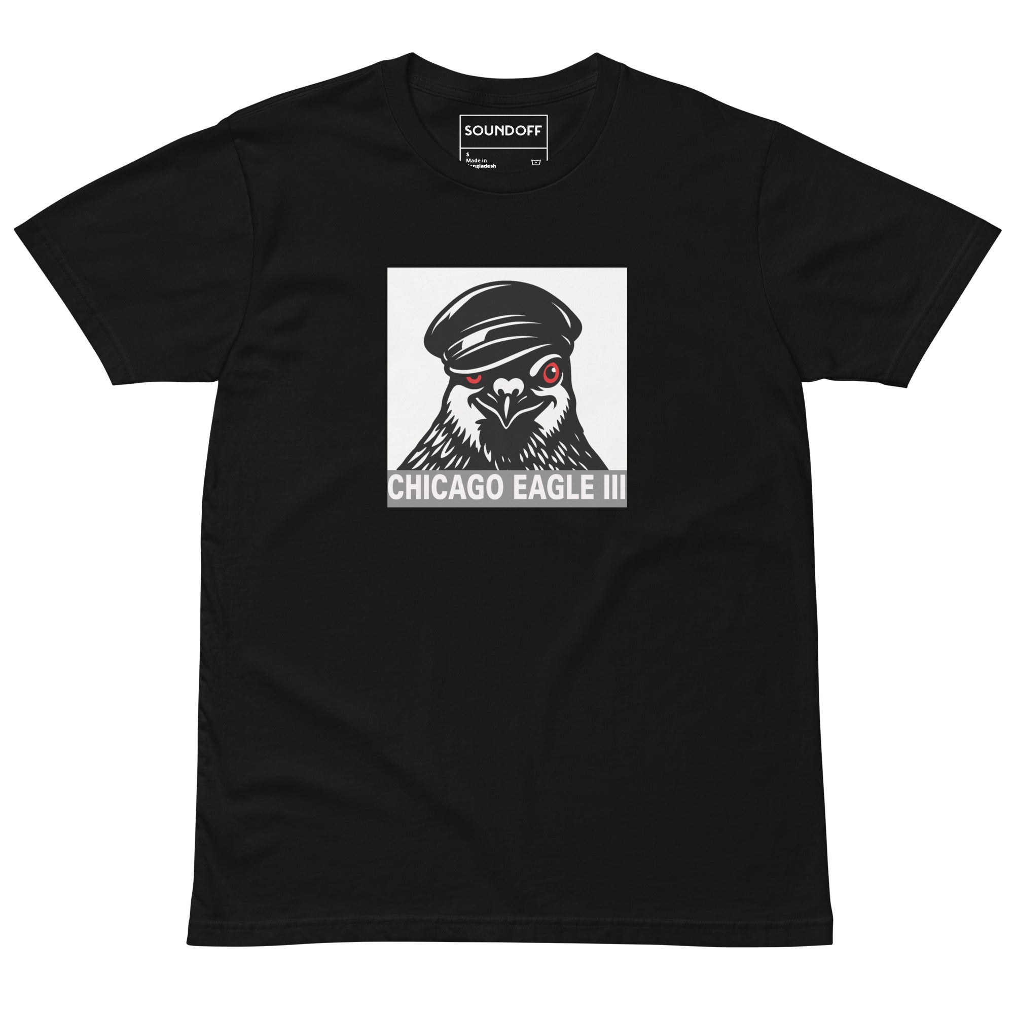 Black t-shirt with a graphic of a pigeon wearing a leather cap on a white background and the text 'Chicago Eagle III' in white on silver background.
