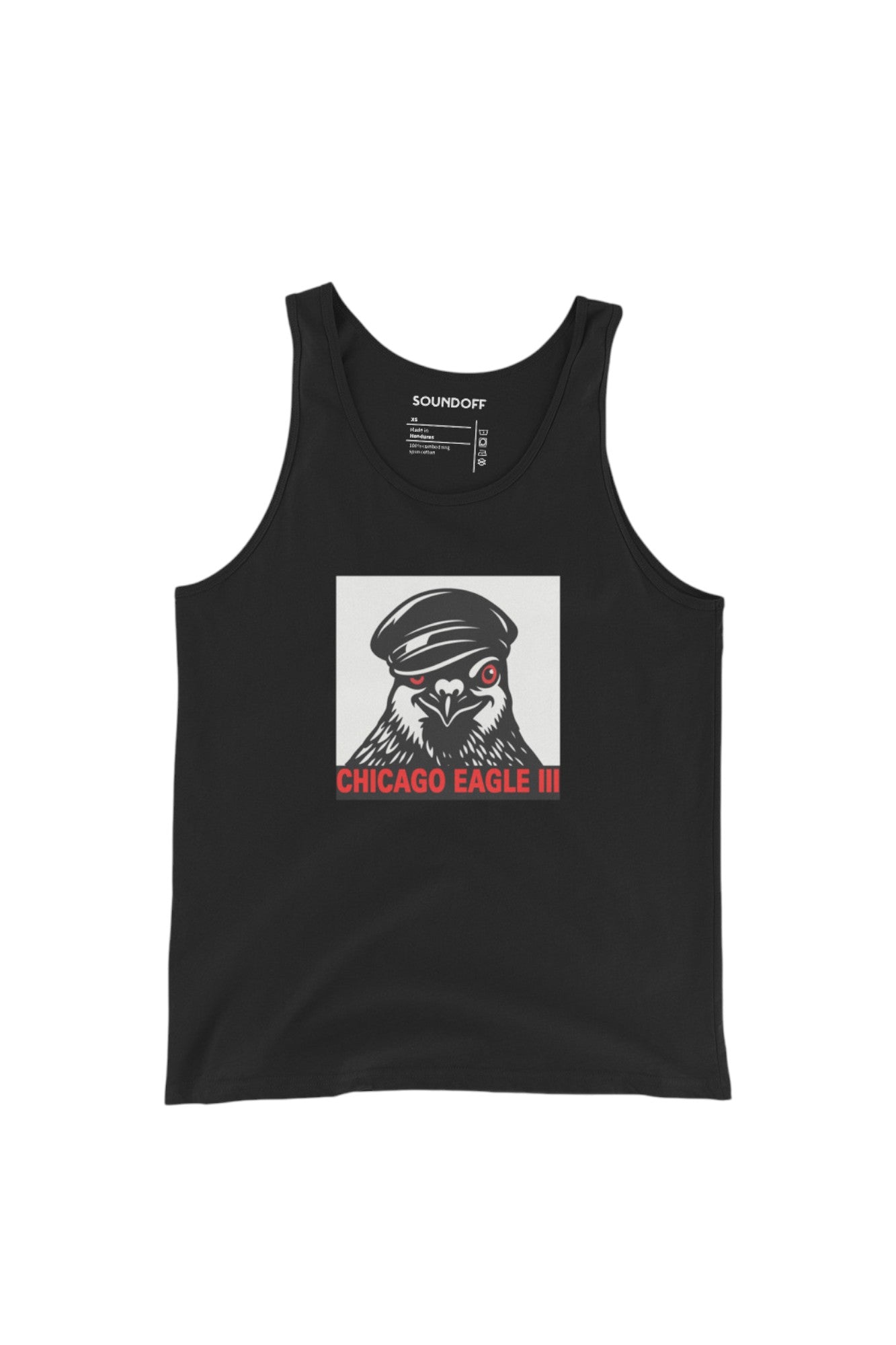 Black tank top with a graphic of a pigeon wearing a leather cap on a white background and the text 'Chicago Eagle III' in crimson red on black background.