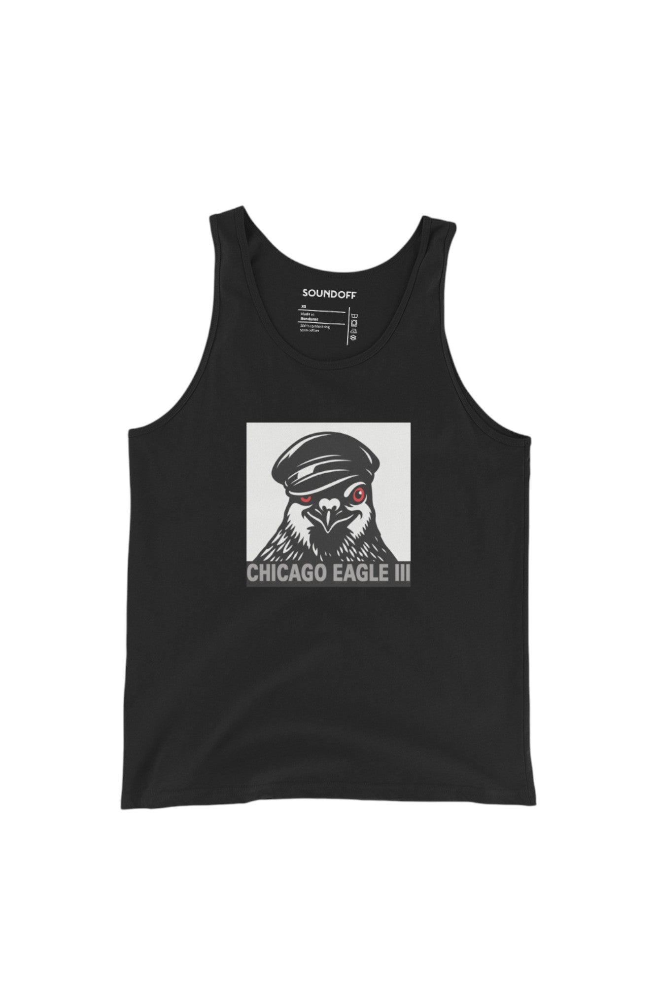 Black tank top with a graphic of a pigeon wearing a leather cap on a white background and the text 'Chicago Eagle III' in steel grey on black background.