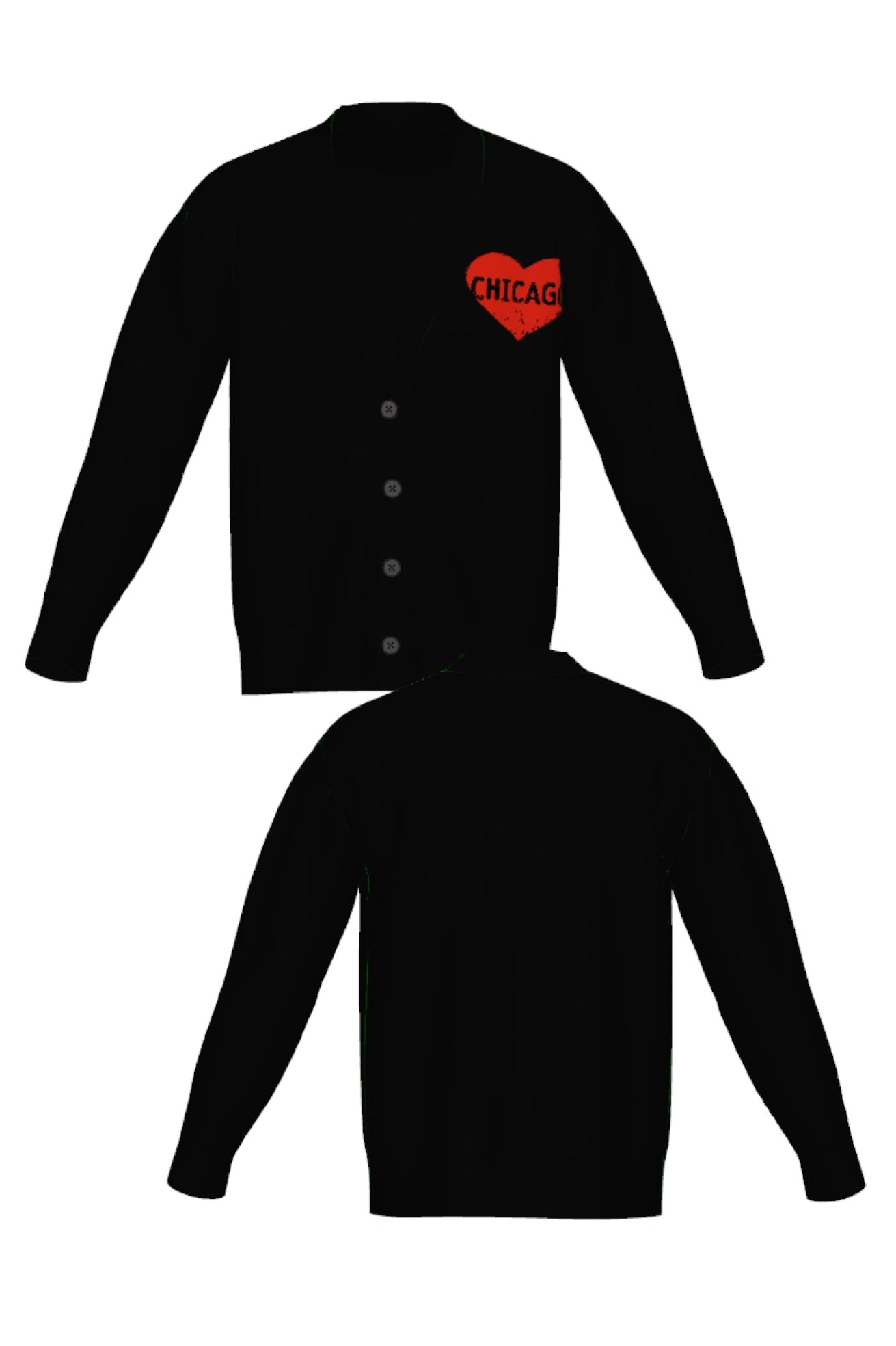 chicago heart cardigan knit sweater in black with red distressed heart graphic front and back view by soundoff