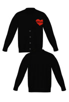 chicago heart cardigan knit sweater in black with red distressed heart graphic front and back view by soundoff