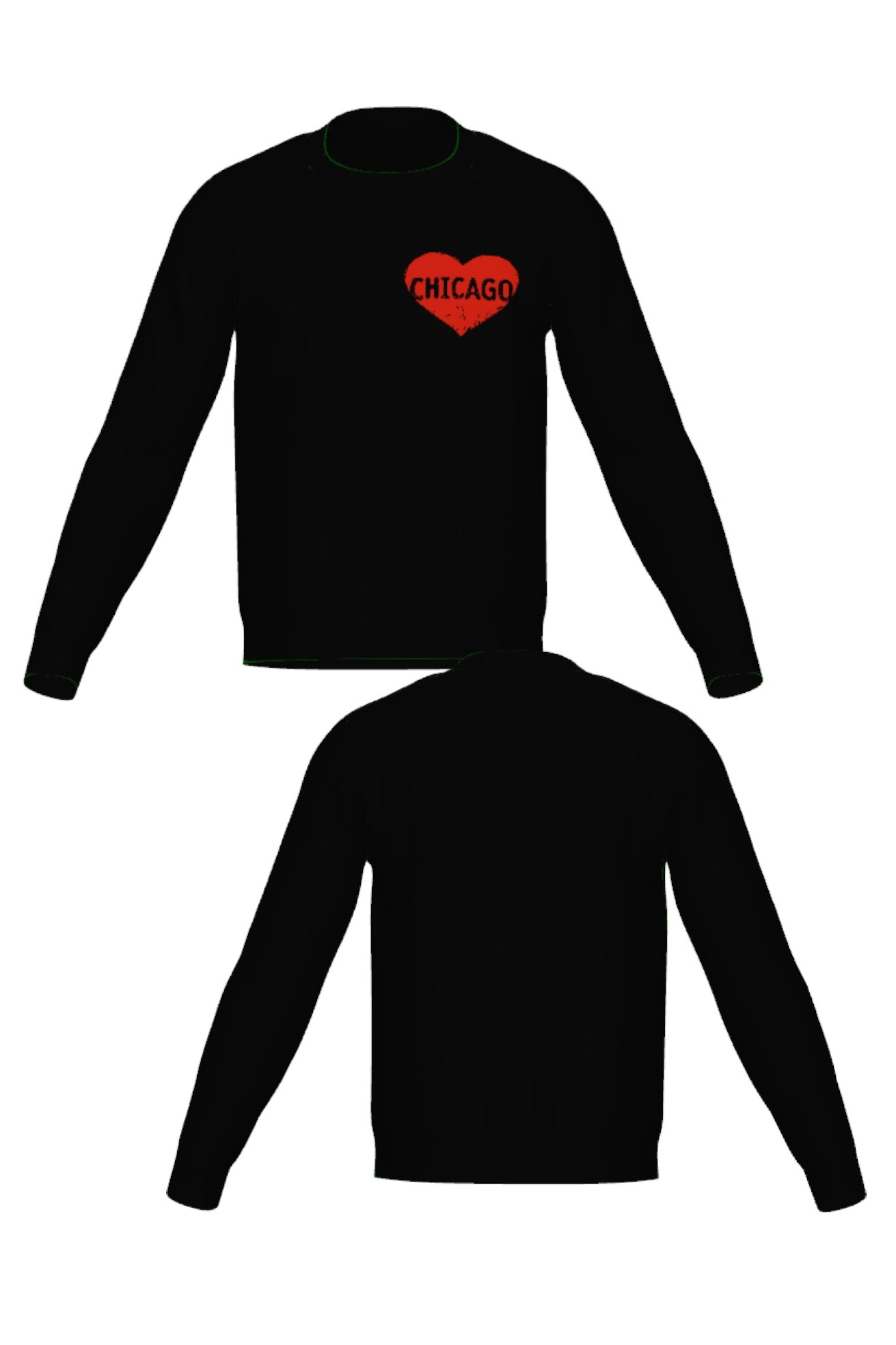 chicago heart classic crew neck knit sweater in black with red distressed heart graphic front and back view by soundoff