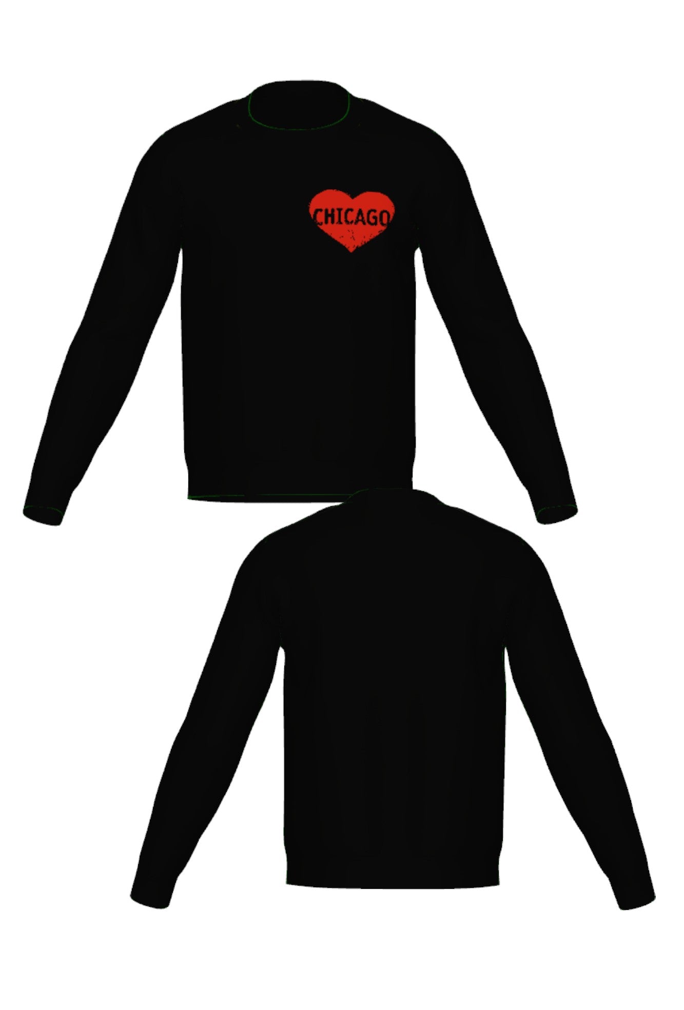 chicago heart classic crew neck knit sweater in black with red distressed heart graphic front and back view by soundoff