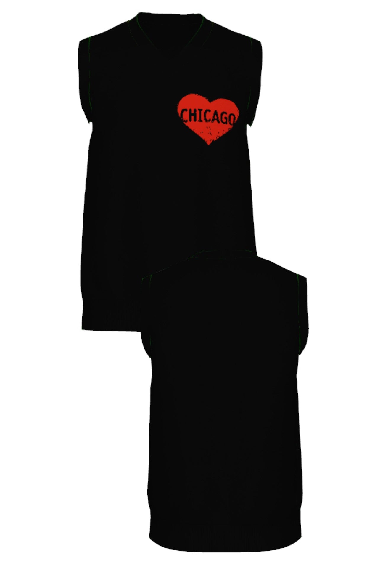 chicago heart v neck vest knit sweater in black with red distressed heart graphic front and back view by soundoff