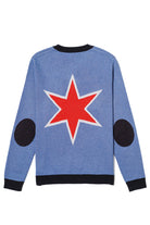 chicago script city star classic crew neck knit sweater in denim blue with chili red lettering back view by soundoff