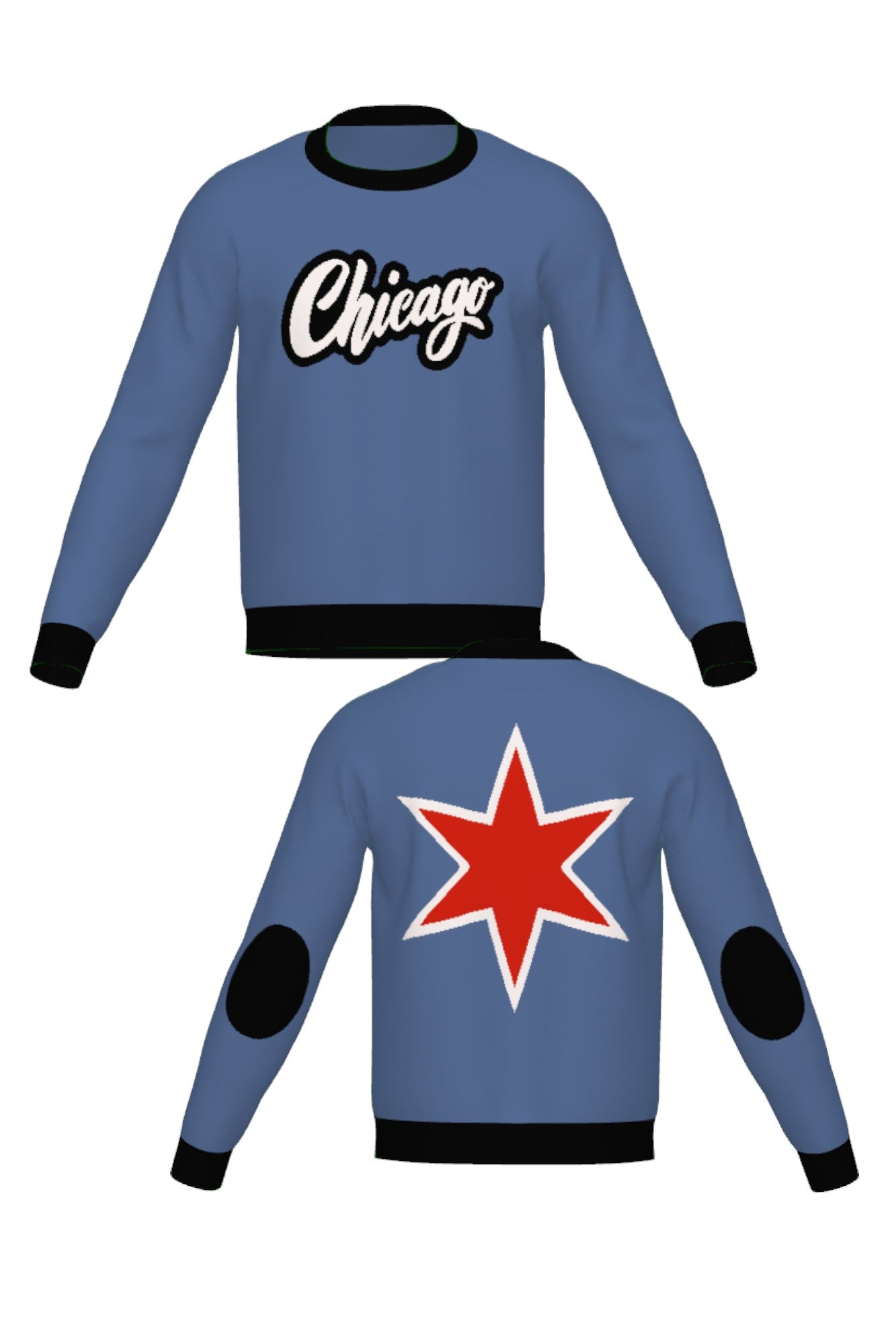 chicago script city star classic crew neck knit sweater in denim blue with chili red lettering front and back view by soundoff