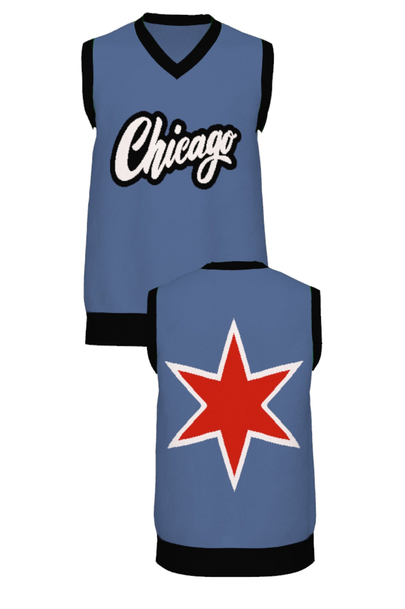 chicago script city star v neck vest knit sweater in denim blue with chili red lettering front view and back by soundoff