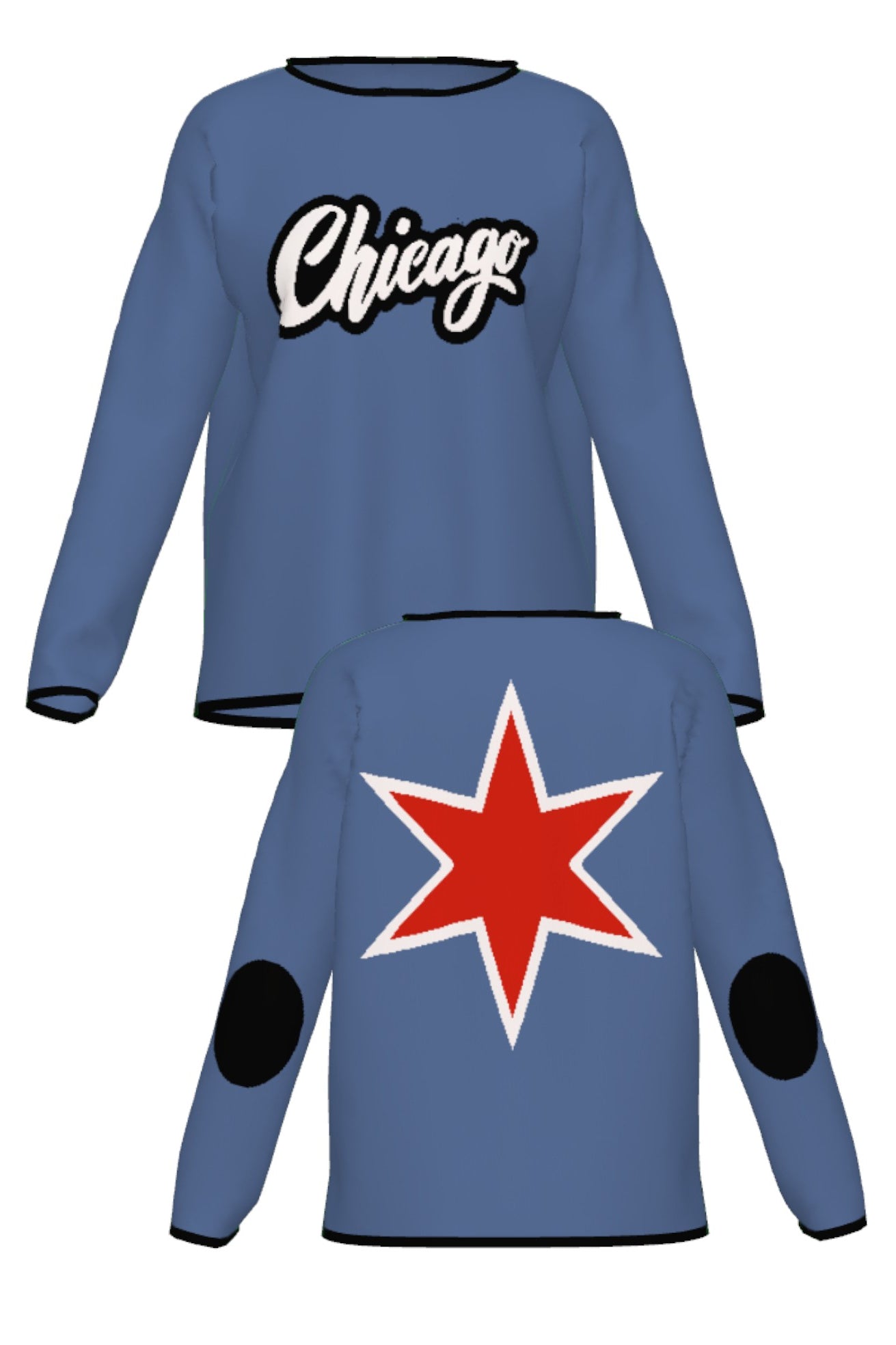 chicago script city star womens knit sweater in denim blue with chili red lettering front and back view by soundoff