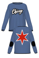 chicago script city star womens knit sweater in denim blue with chili red lettering front and back view by soundoff