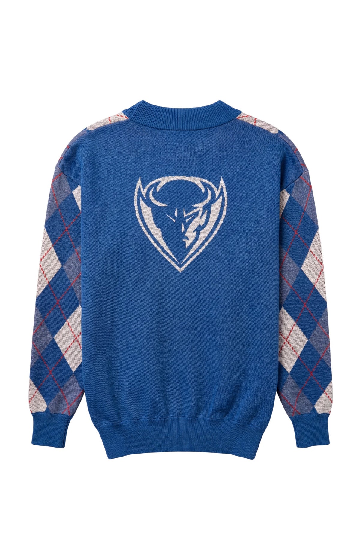DePaul University Argyle Knit Sweater cardigan in Yale Blue, Denim, White and Chili Red with DIBS graphic by SOUNDOFF - back