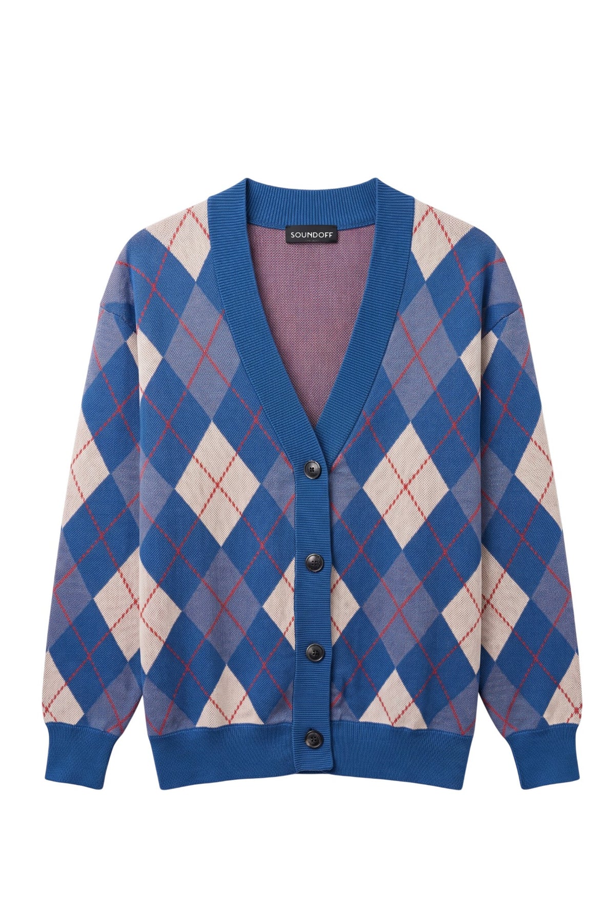 DePaul University Argyle Knit Sweater cardigan in Yale Blue, Denim, White and Chili Red with DIBS graphic by SOUNDOFF - front