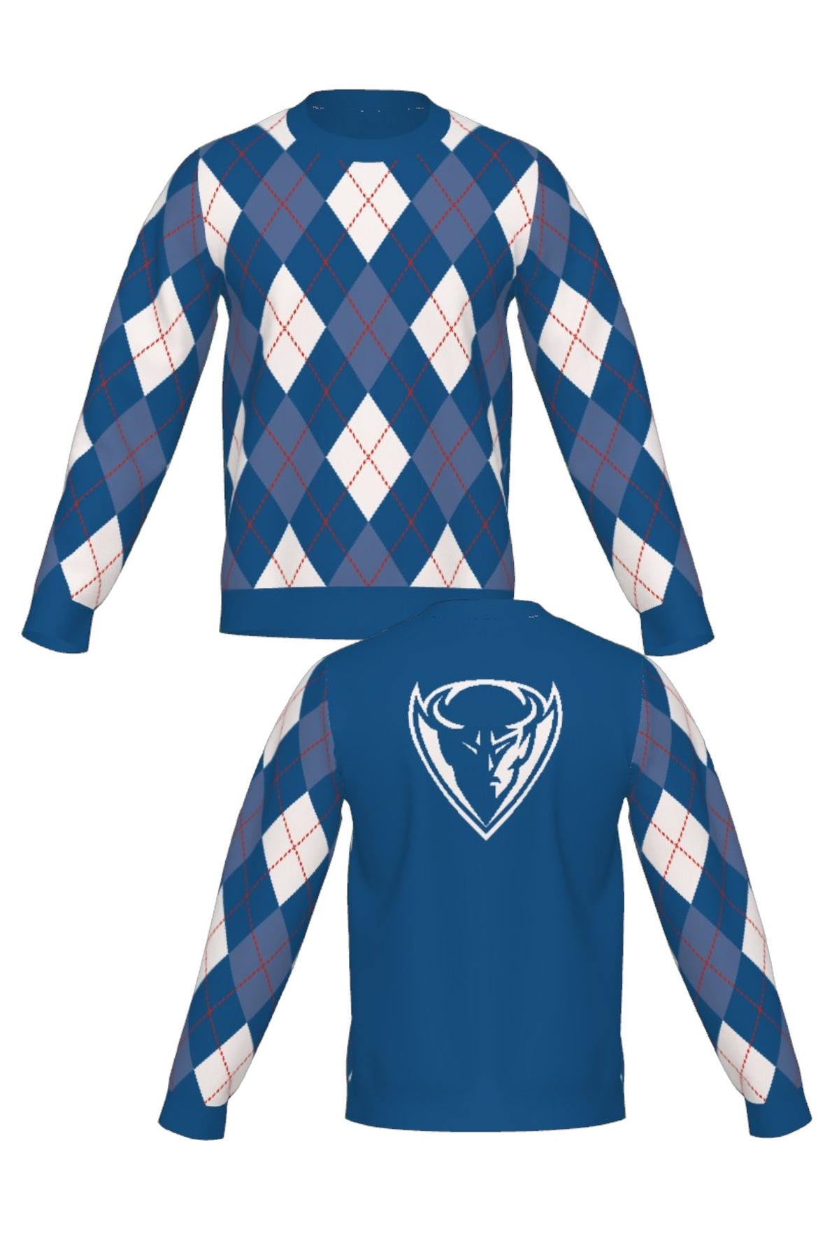 DePaul University Argyle Knit Sweater crew neck in Yale Blue, Denim, White and Chili Red with DIBS graphic by SOUNDOFF - front and back