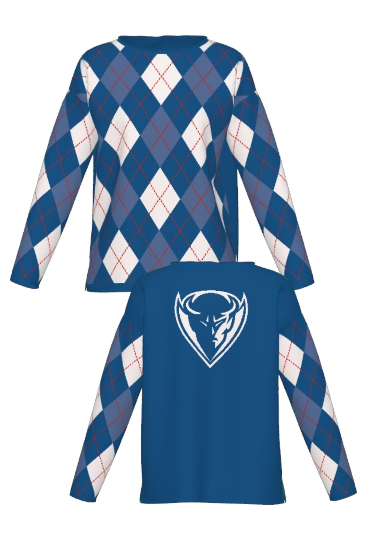 DePaul University Argyle Knit Sweater women's in Yale Blue, Denim, White and Chili Red with DIBS graphic by SOUNDOFF - front and back