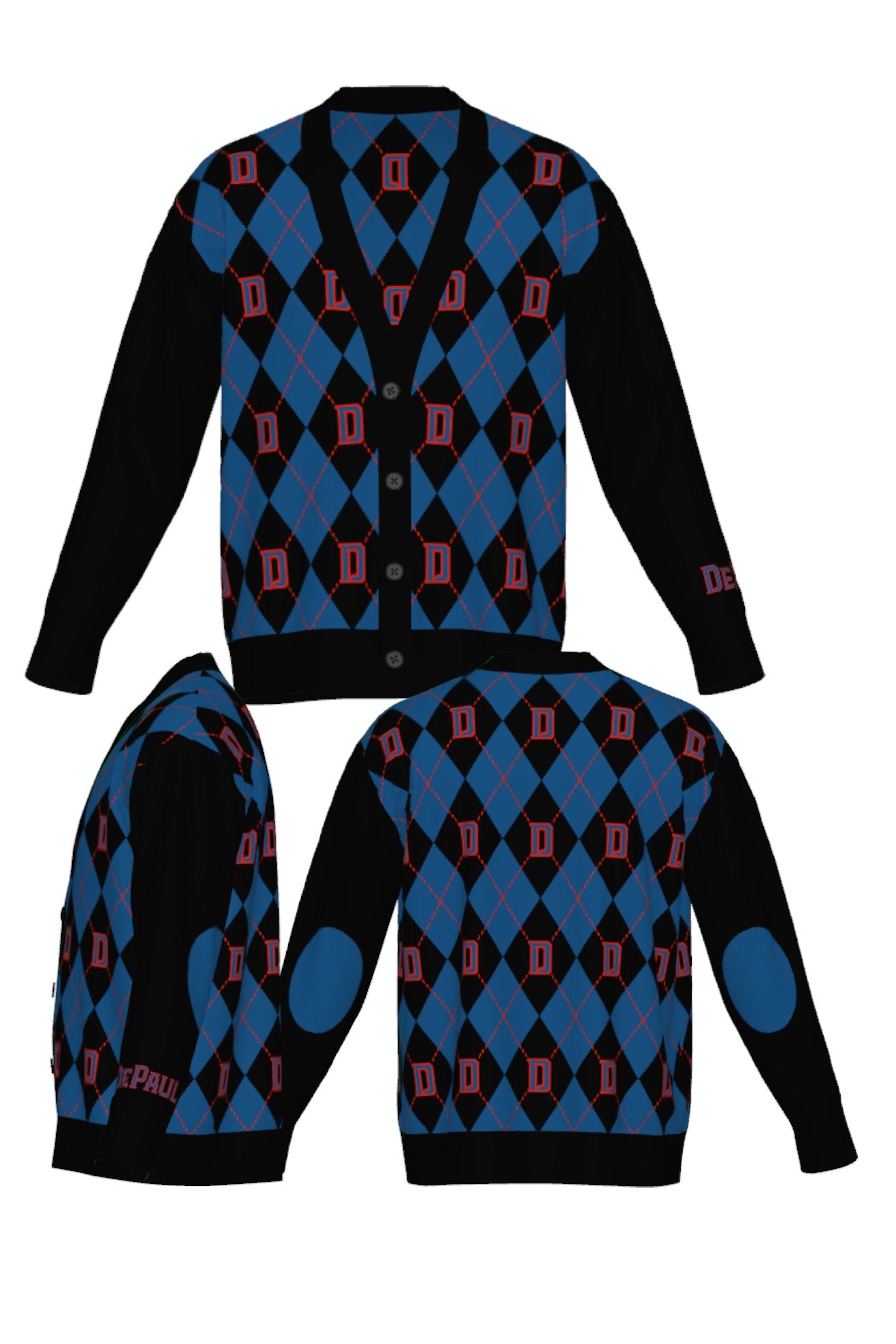 depaul university d argyle cardigan knit sweater in yale blue chili red and black – blue demons collegiate apparel by Soundoff - all views.