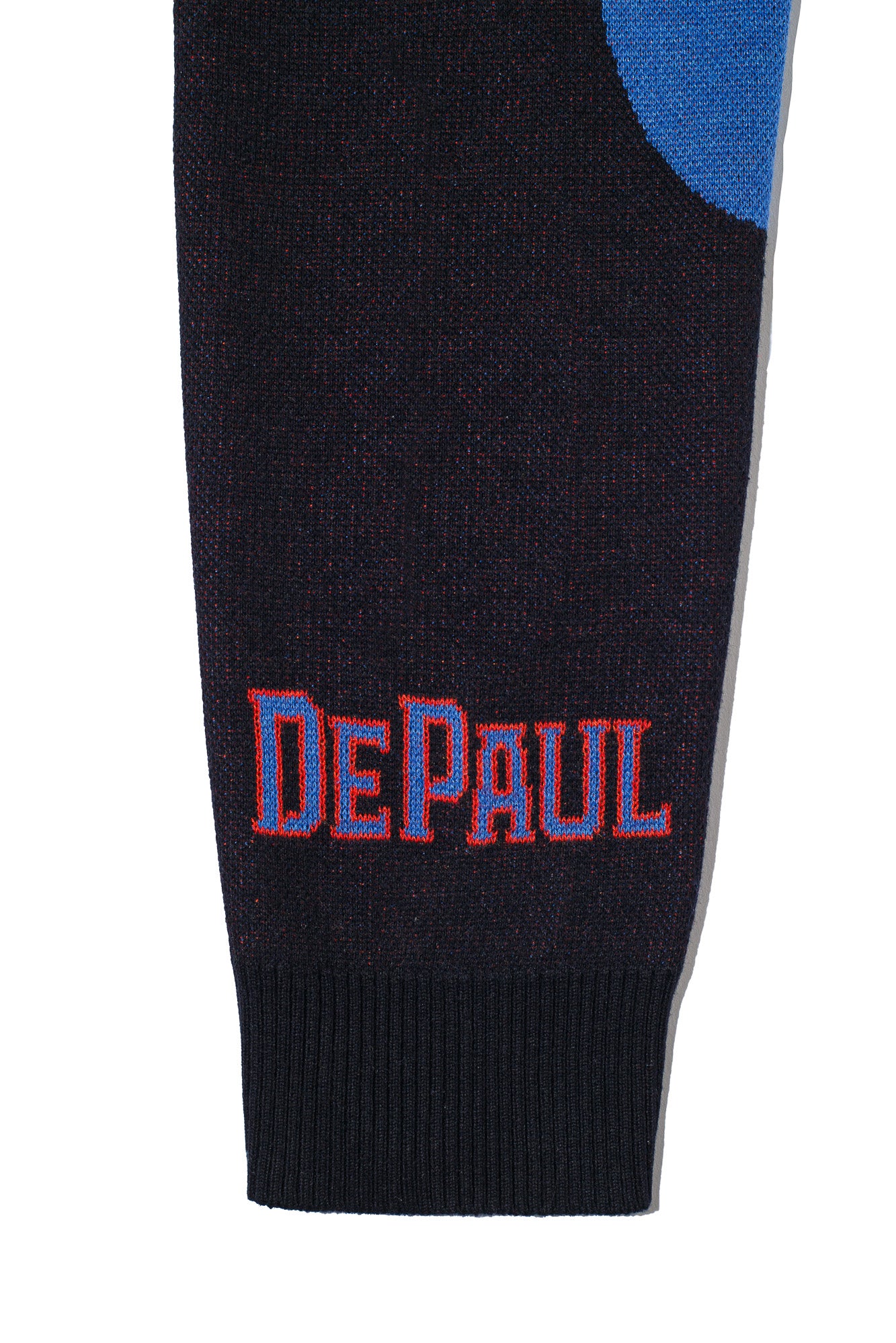 depaul university d argyle classic crew neck knit sweater in yale blue chili red and black – blue demons collegiate apparel by Soundoff - sleeve view.