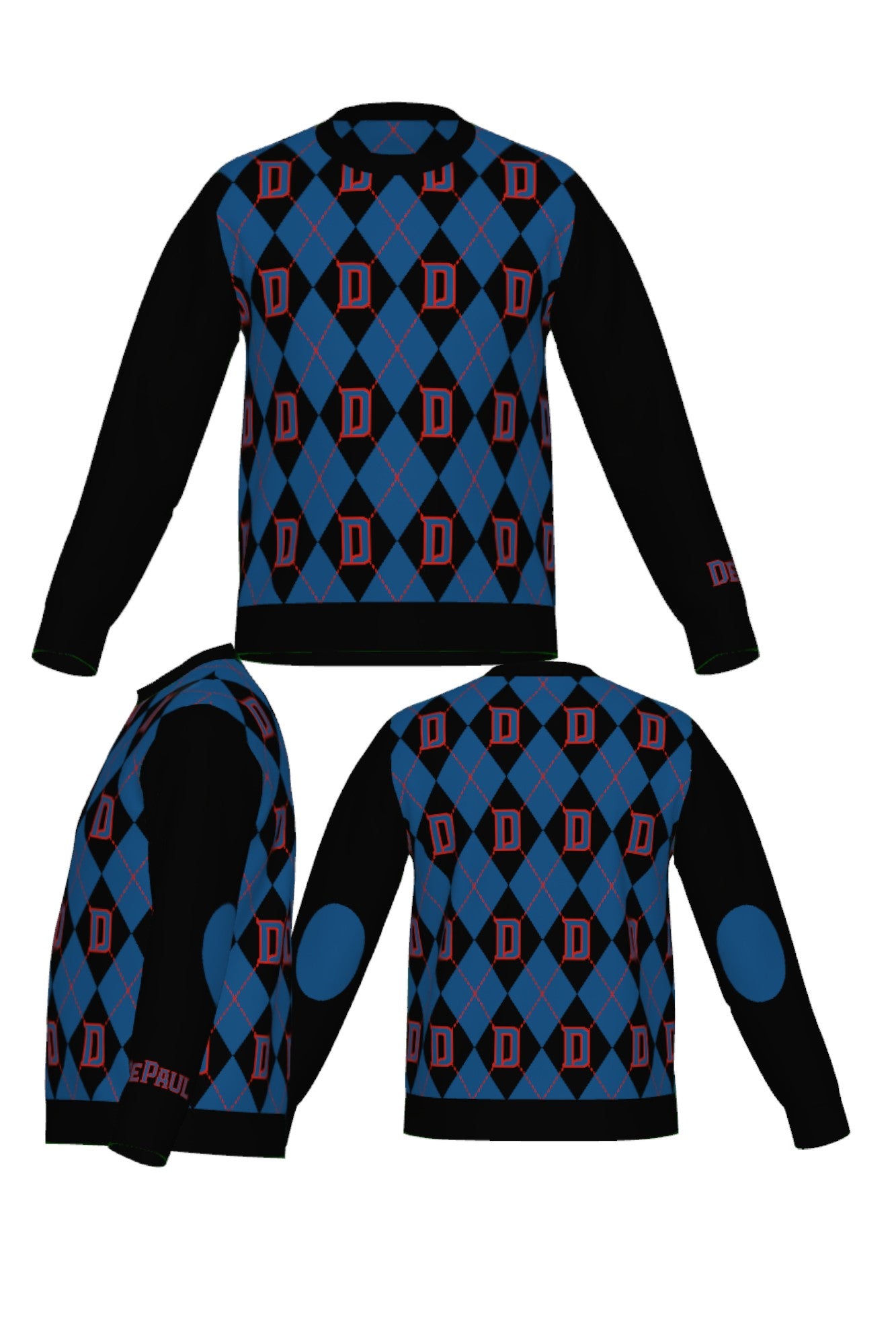 depaul university d argyle classic crew neck knit sweater in yale blue chili red and black – blue demons collegiate apparel by Soundoff - all views.