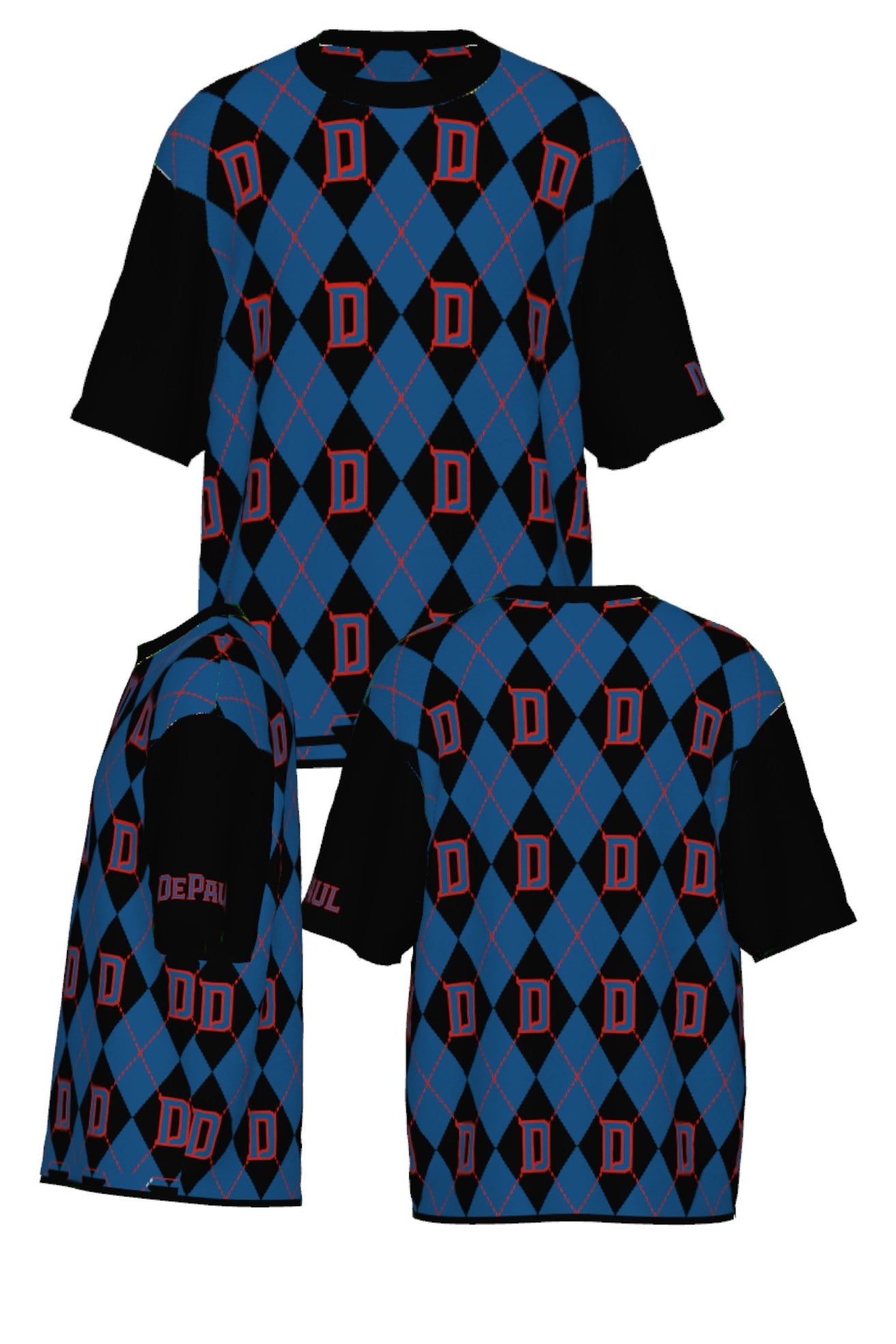 depaul university d argyle short sleeve knit sweater in yale blue chili red and black – blue demons collegiate apparel by Soundoff - all views.