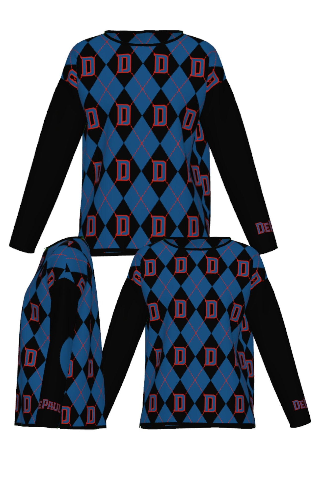 depaul university d women's knit sweater in yale blue chili red and black – blue demons collegiate apparel by Soundoff - all views.
