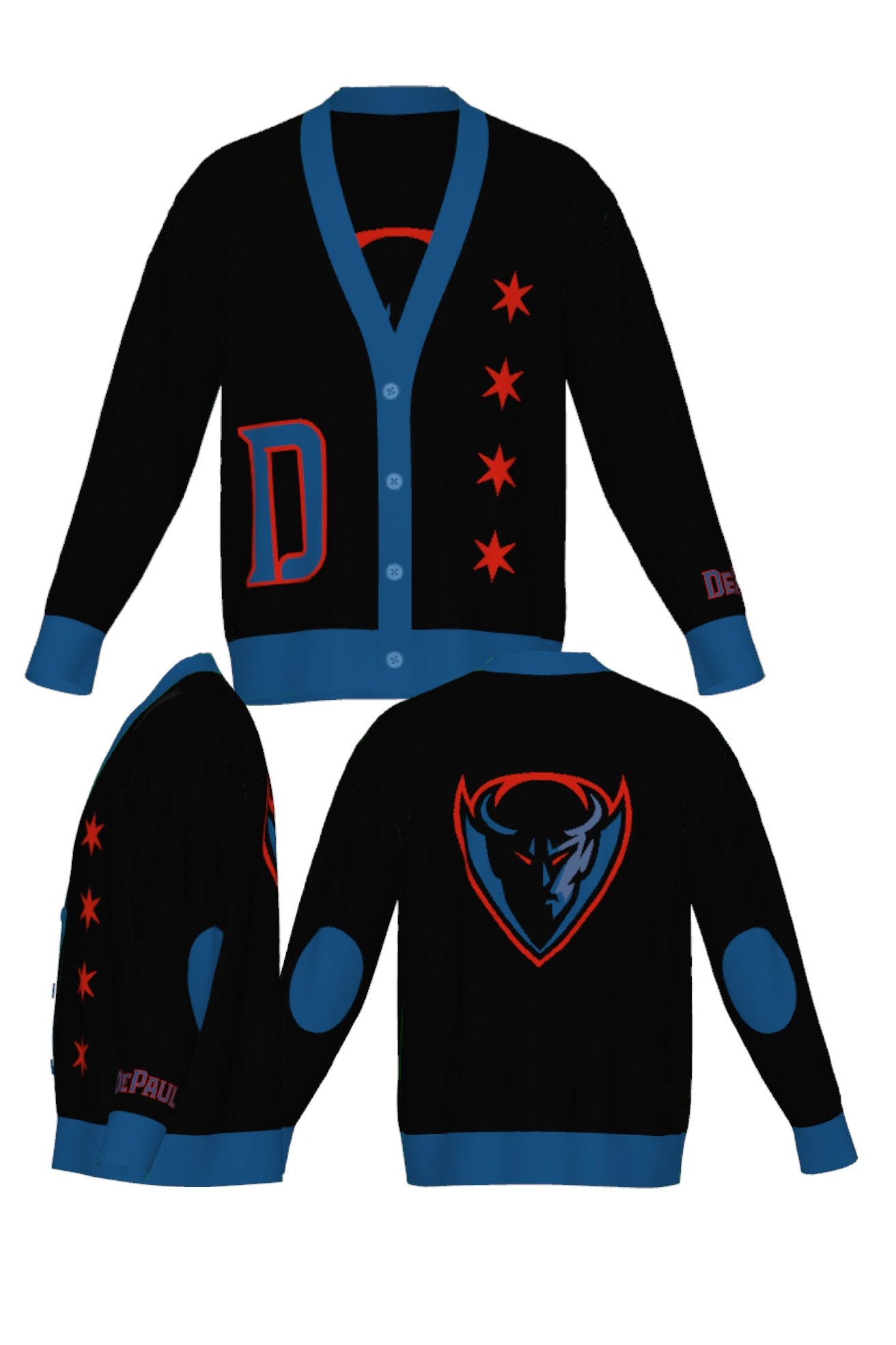 DePaul University DIBS Chicago Cardigan Knit Sweater – Blue Demons by You all views with Chicago flag stars and DePaul colors.