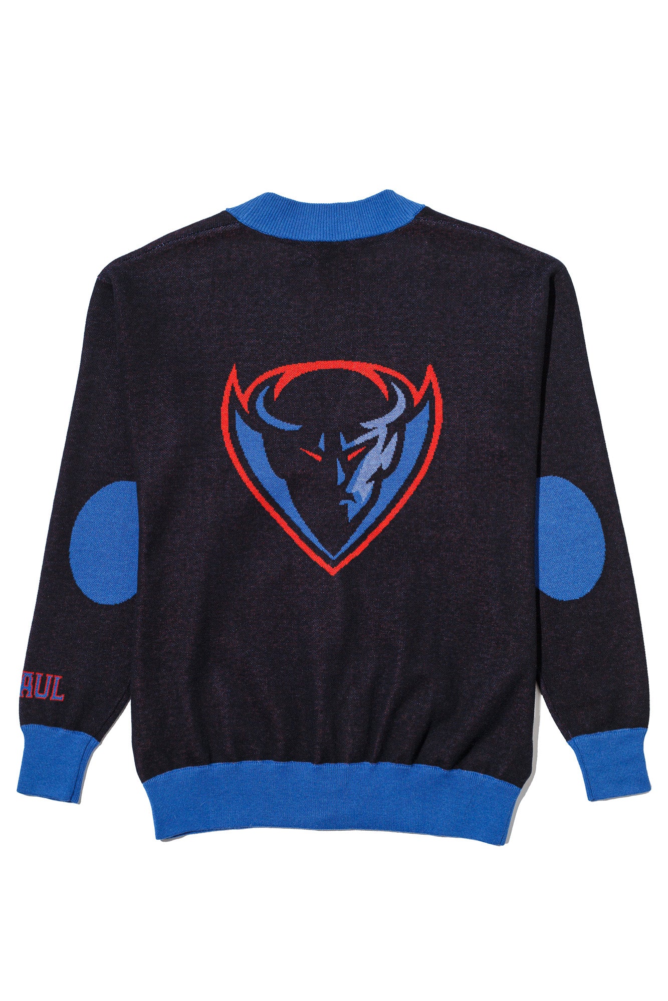 DePaul University DIBS Chicago Cardigan Knit Sweater – Blue Demons by You back view with Chicago flag stars and DePaul colors.