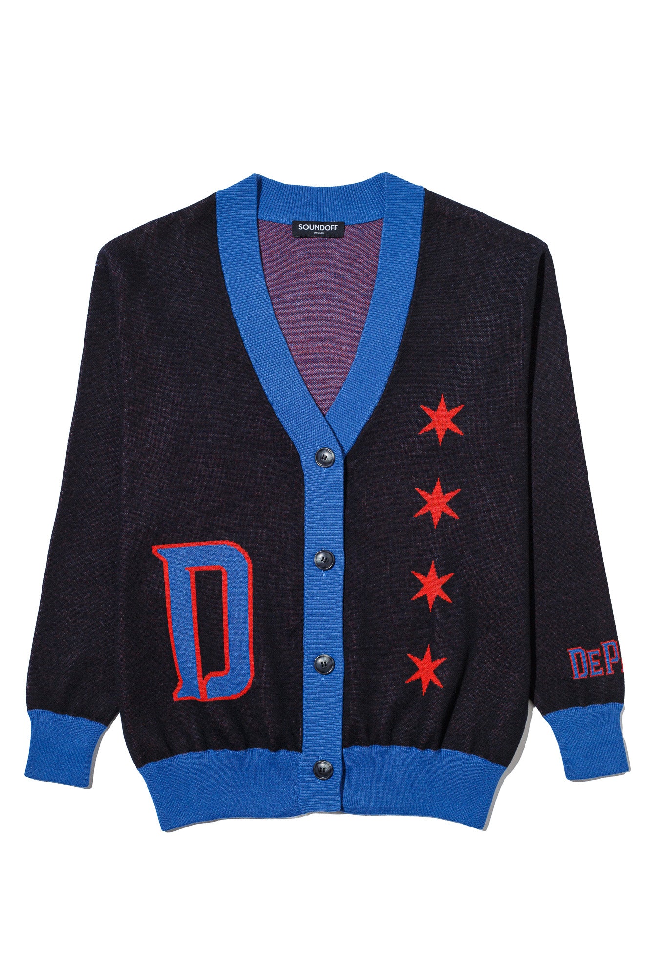 DePaul University DIBS Chicago Cardigan Knit Sweater – Blue Demons by You front view with Chicago flag stars and DePaul colors.