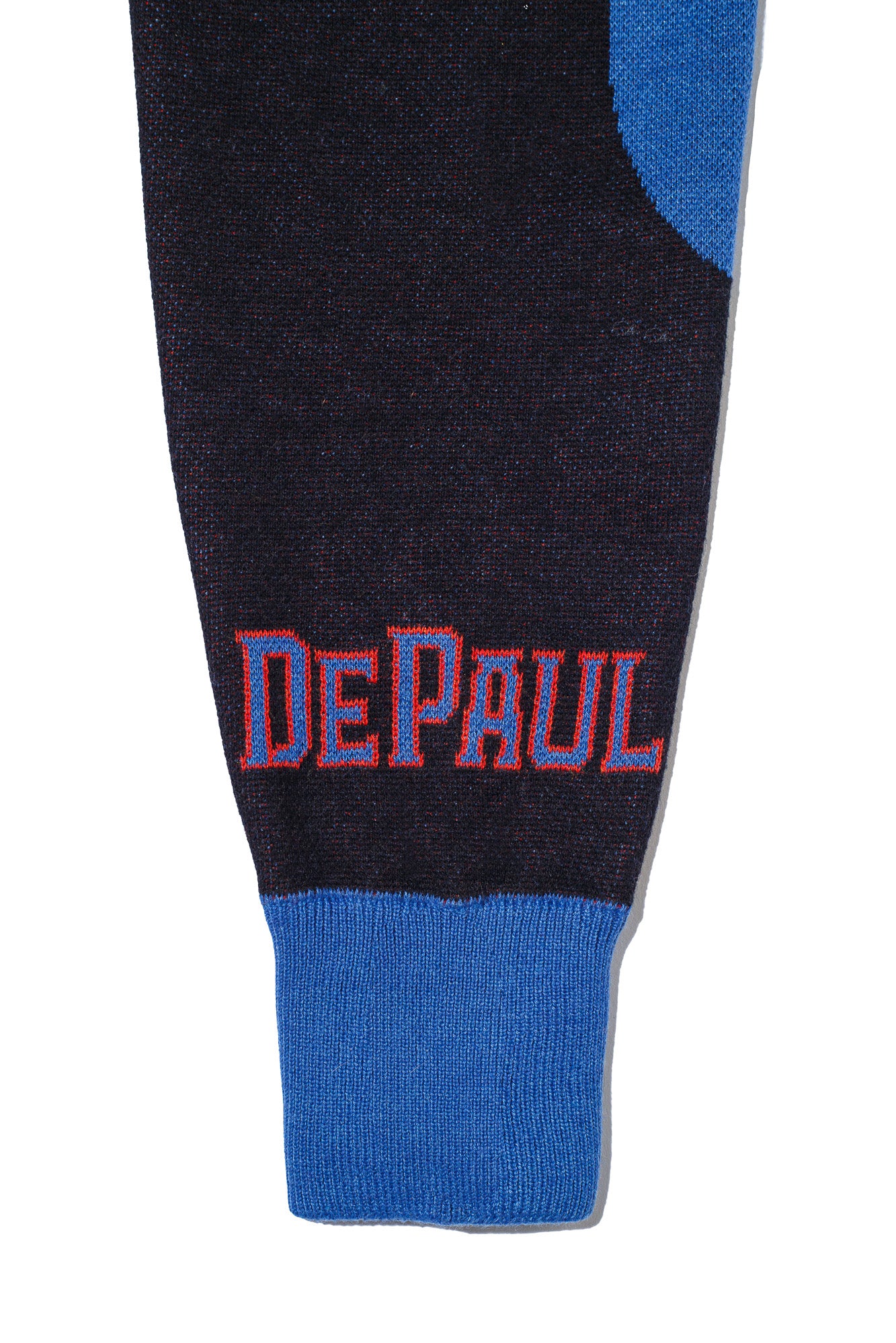 DePaul University DIBS Chicago Cardigan Knit Sweater – Blue Demons by You sleeve view with Chicago flag stars and DePaul colors.