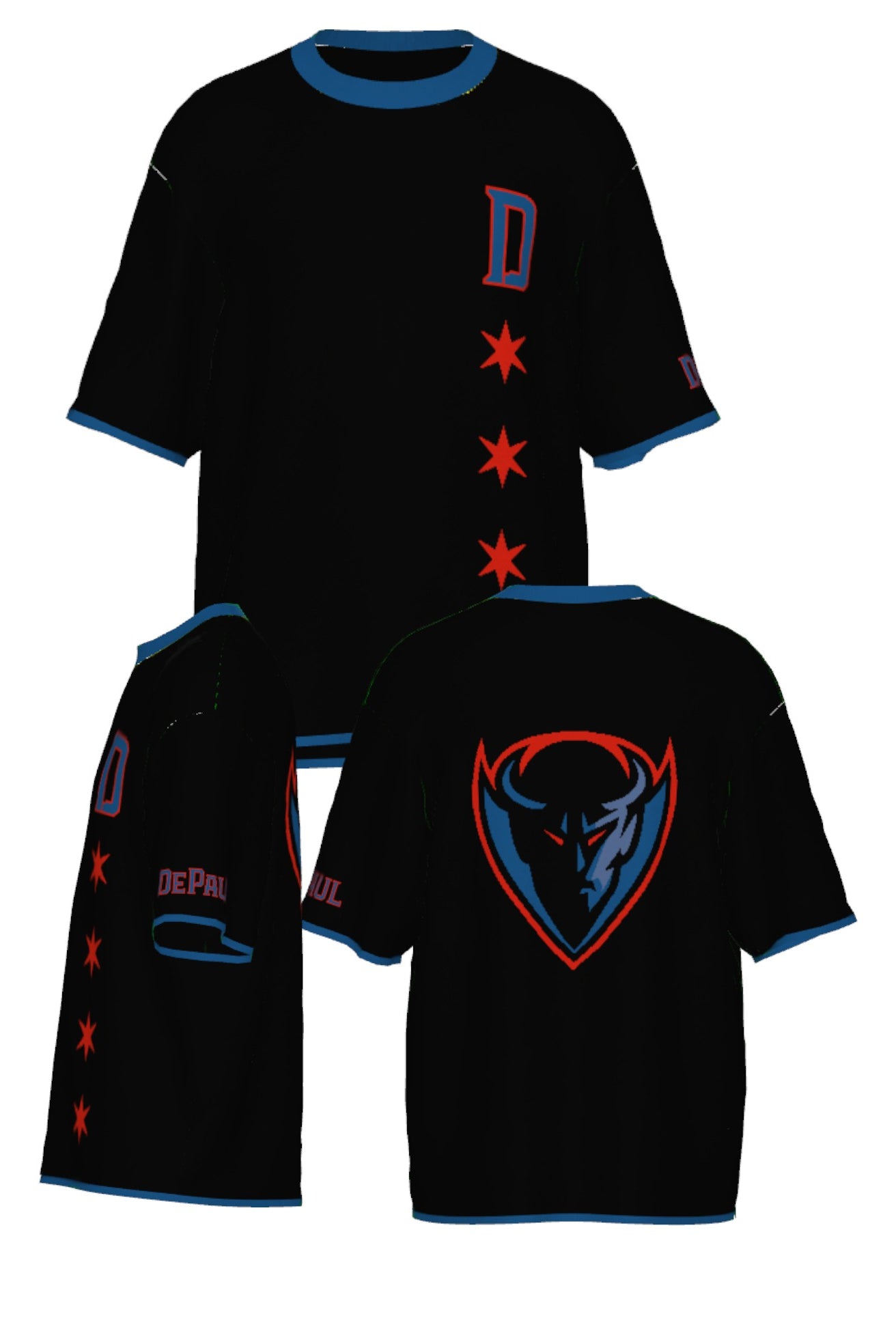 DePaul University DIBS Chicago Short Sleeve Knit Sweater – Blue Demons by You all views with Chicago flag stars and DePaul colors.