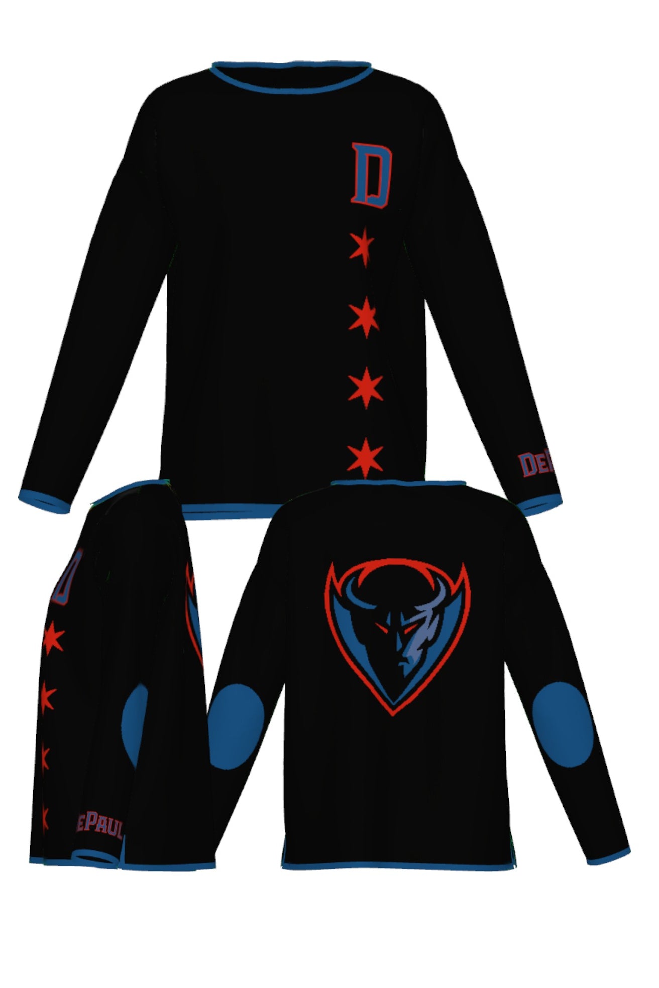 DePaul University DIBS Chicago Women's Knit Sweater – Blue Demons by You all views with Chicago flag stars and DePaul colors.