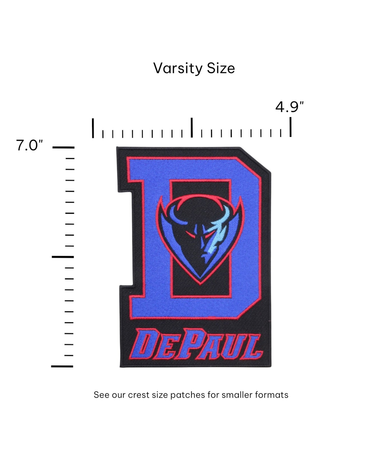 DePaul University DIBS Varsity D embroidered patch – premium iron-on patch featuring DePaul’s mascot DIBS and varsity D logo in red, blue, and black, 4.9 inches wide by 7.0 inches tall by SOUNDOFF - size