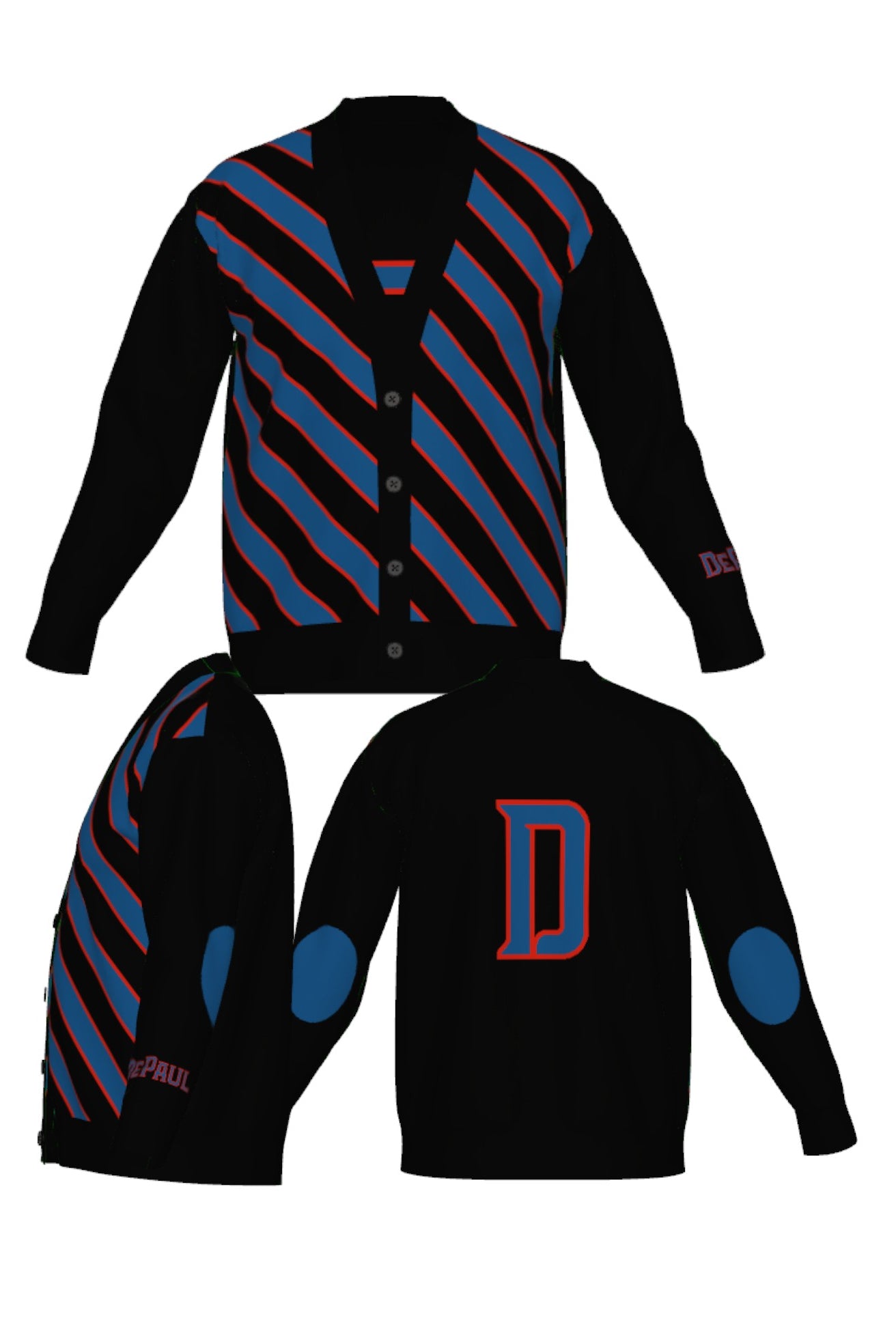 depaul university repp stripe cardigan knit sweater in yale blue chili red and black inspired by collegiate sports and varsity tradition by soundoff – all views