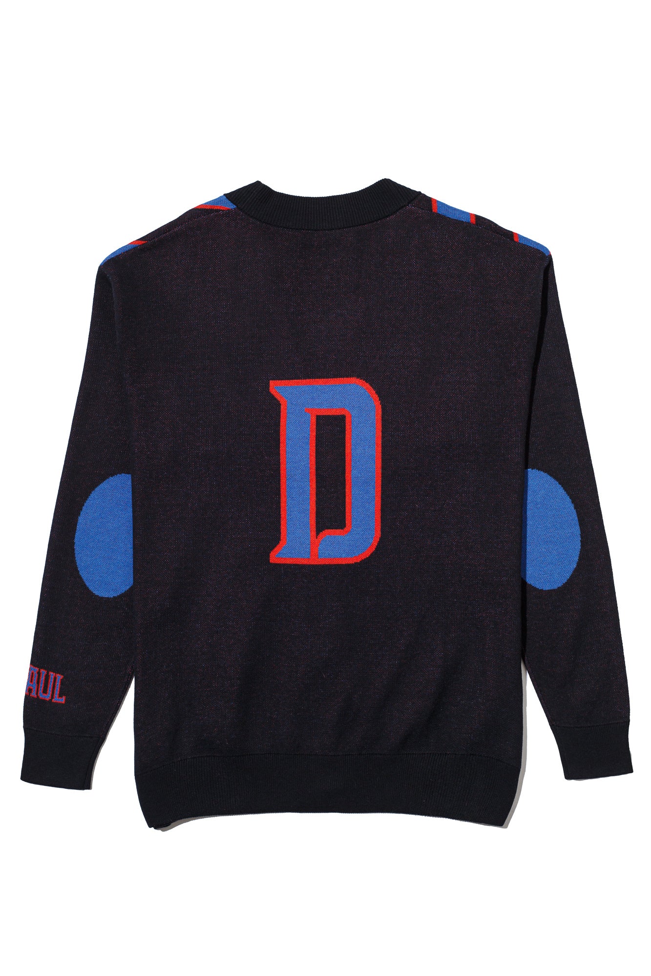 depaul university repp stripe cardigan knit sweater in yale blue chili red and black inspired by collegiate sports and varsity tradition by soundoff – back view